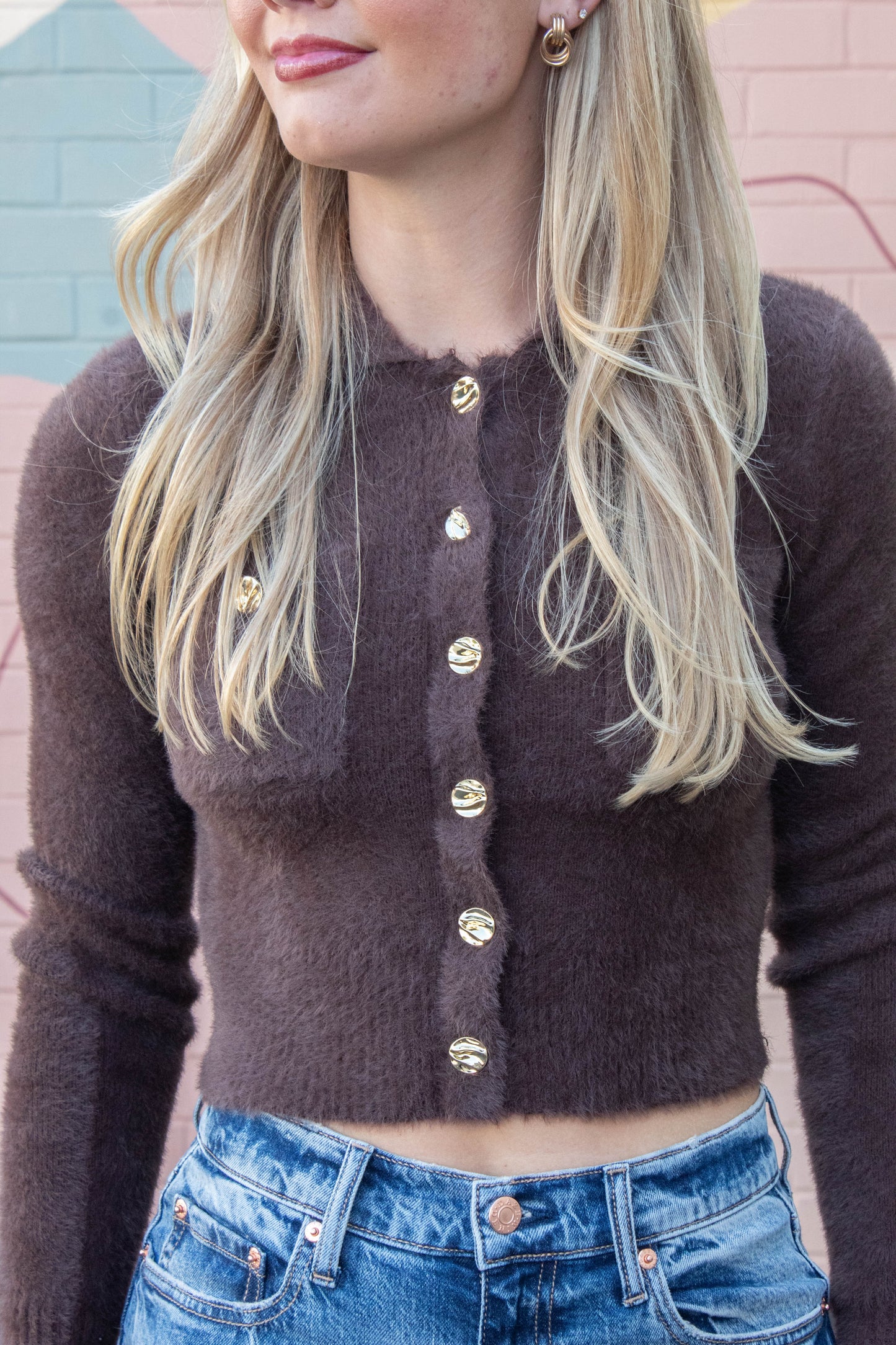  Eva Collared Cropped Cardigan, Brown