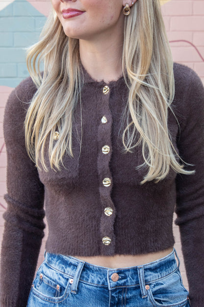  Eva Collared Cropped Cardigan, Brown