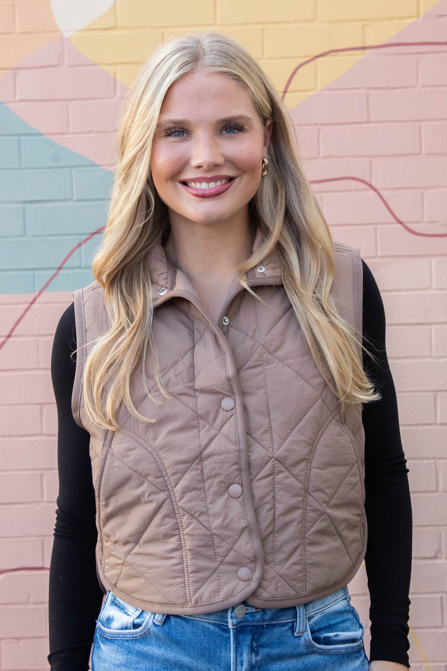  Sara Snap Button Quilted Vest, Mocha