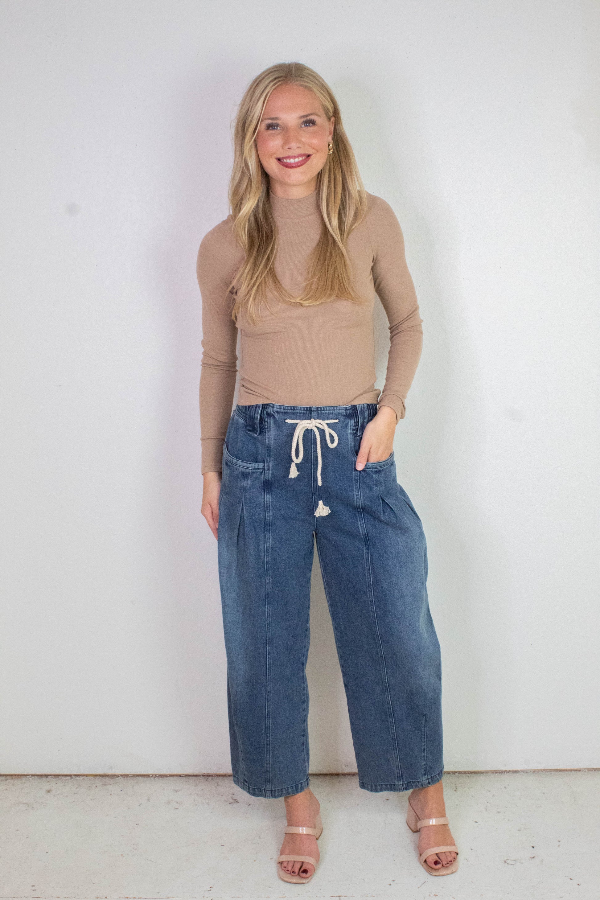  Raya Drawstring Barrel Leg Pants, Washed Denim