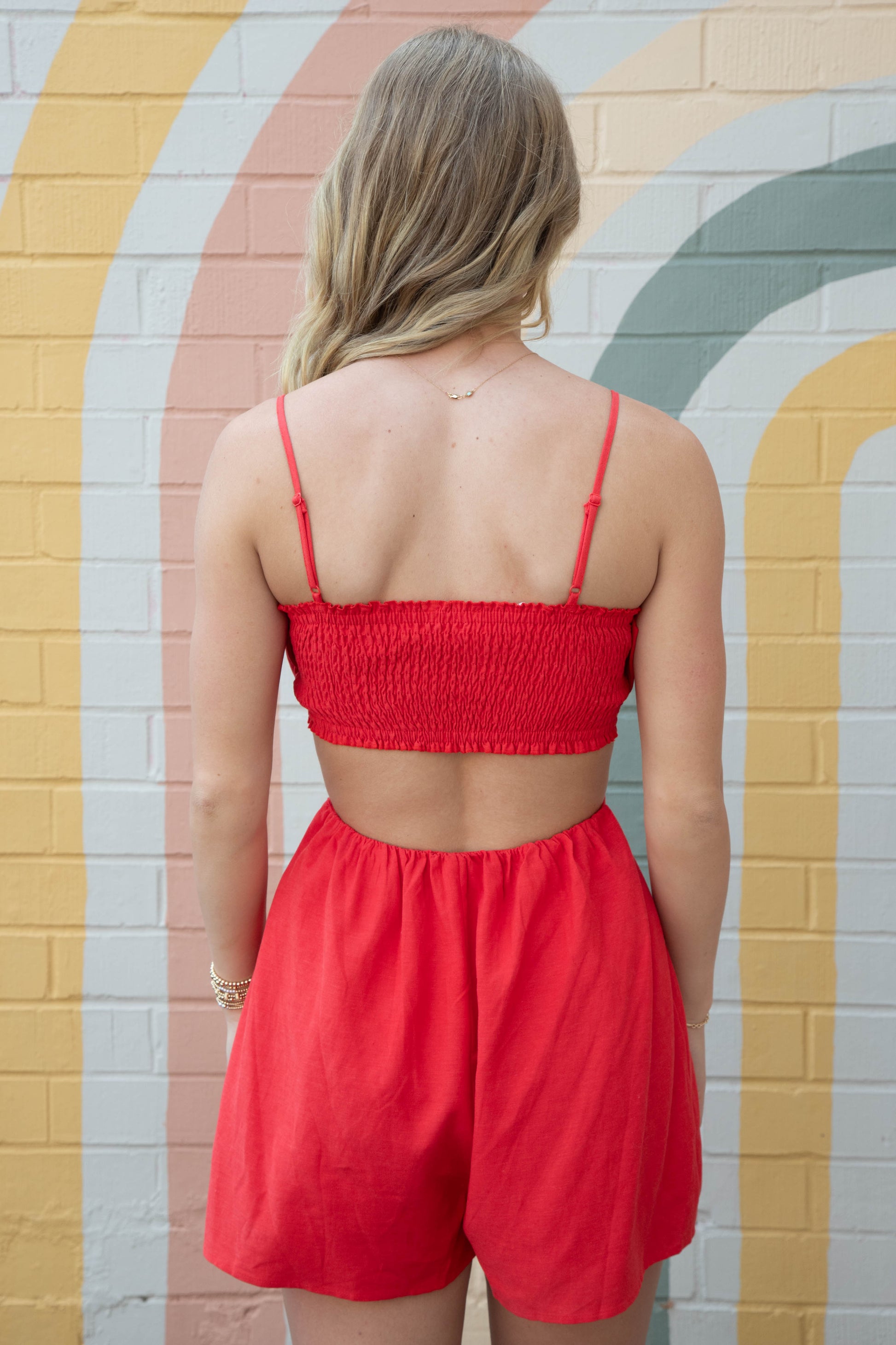  Julie 3D Flower Cutout Romper, Red
