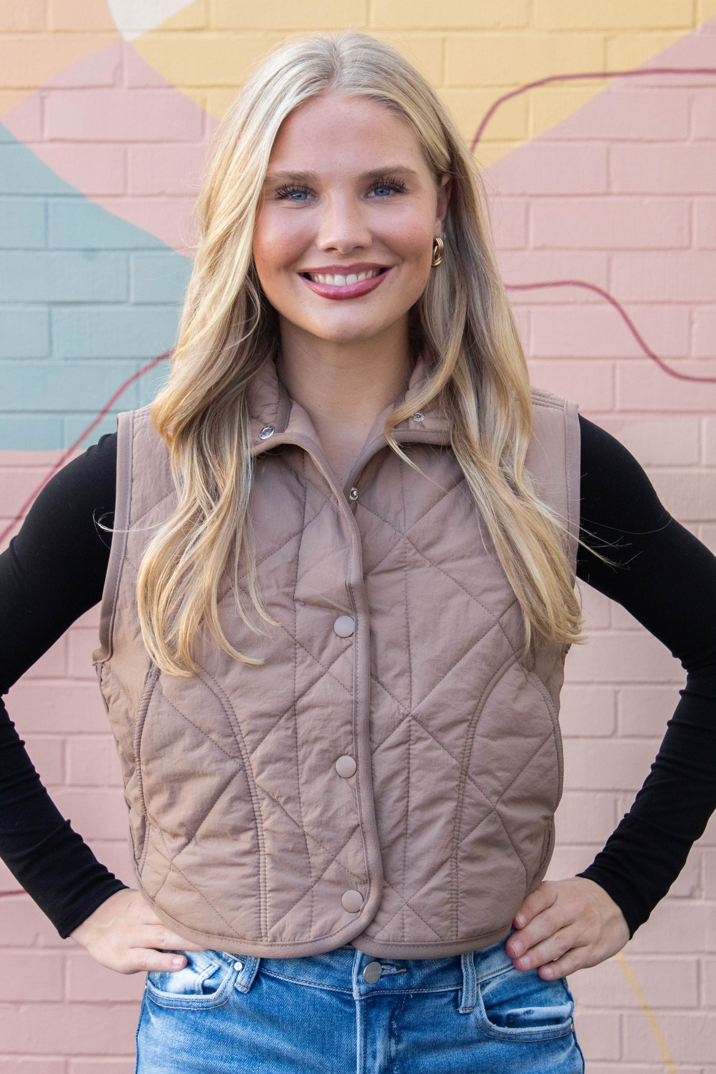  Sara Snap Button Quilted Vest, Mocha