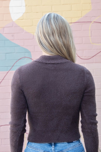  Eva Collared Cropped Cardigan, Brown