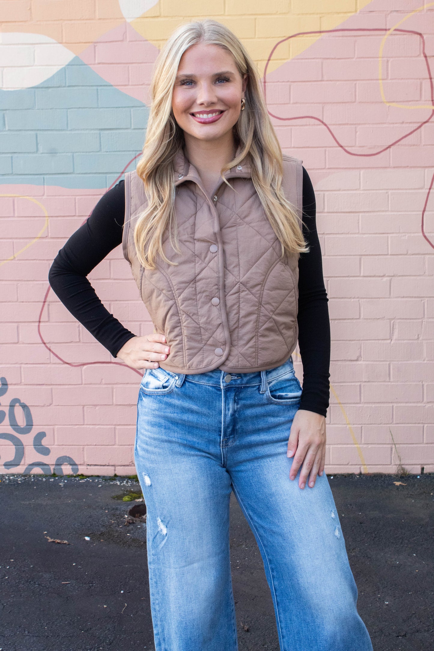  Sara Snap Button Quilted Vest, Mocha