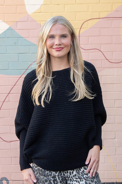  Lily Batwing Boat Neck Sweater, Black