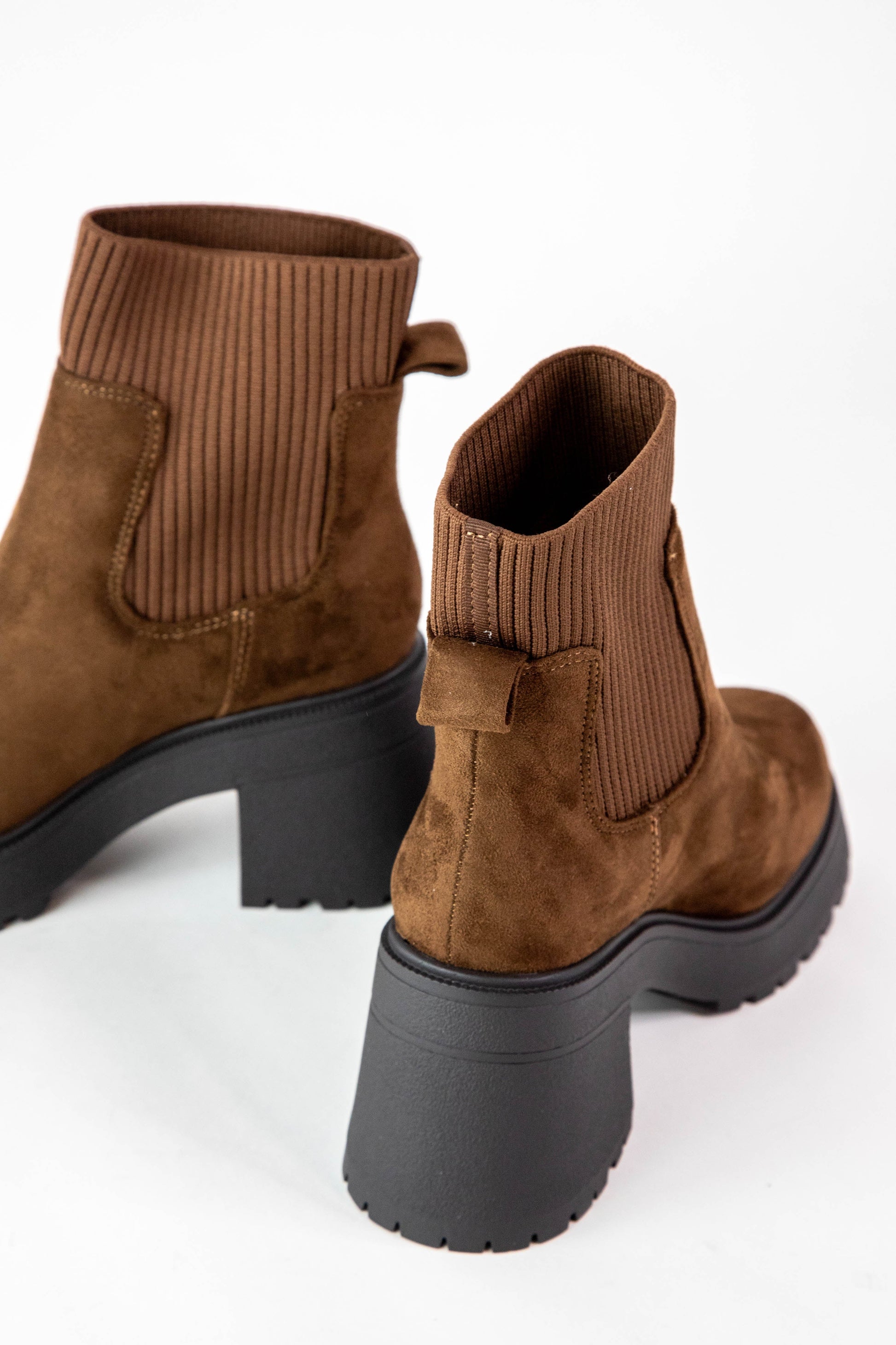  Super Knit Sock Chelsea Boots, Chocolate Faux Suede