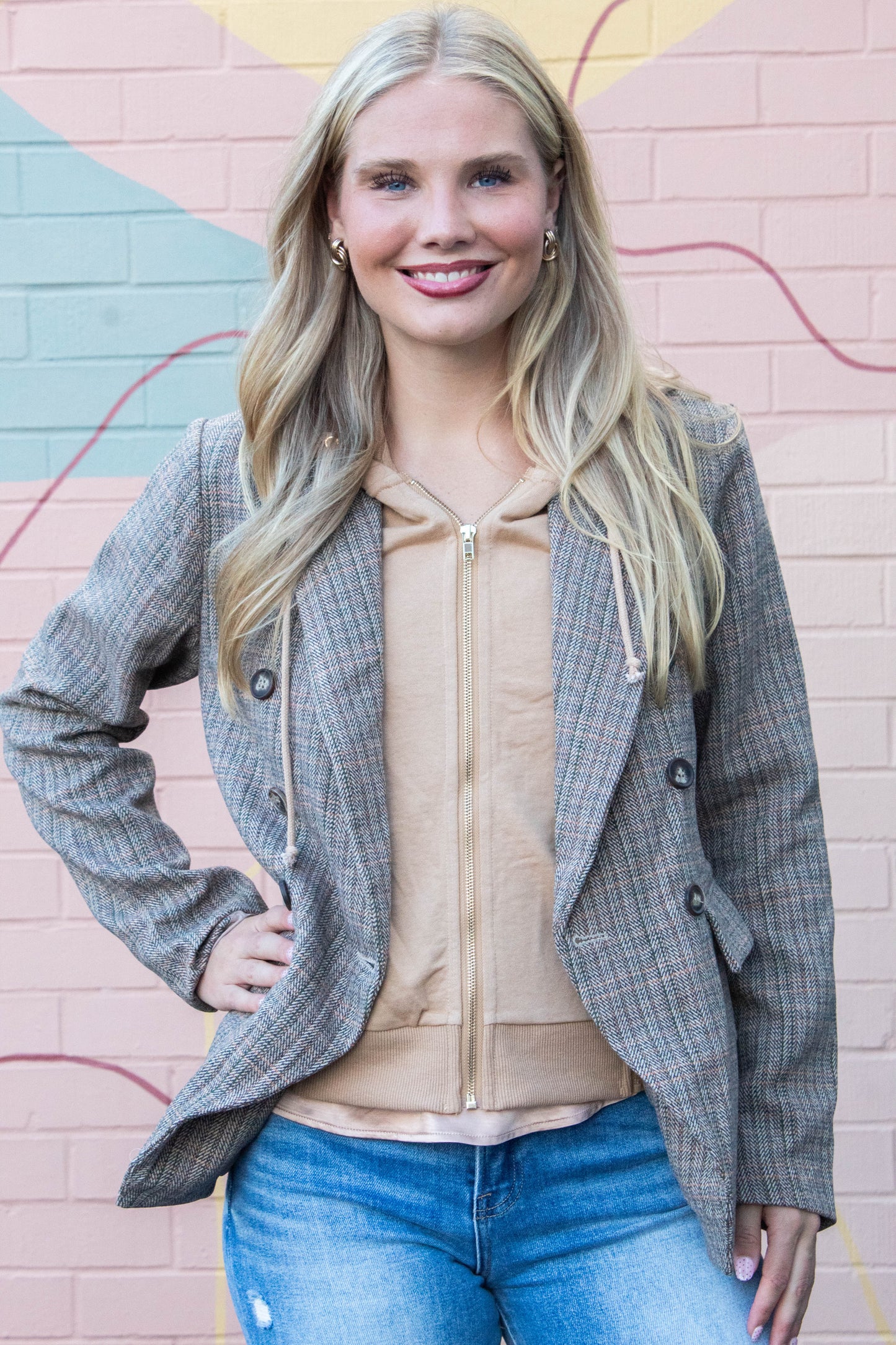  Jovie Herringbone Pattern Hooded Blazer, Tan Combo