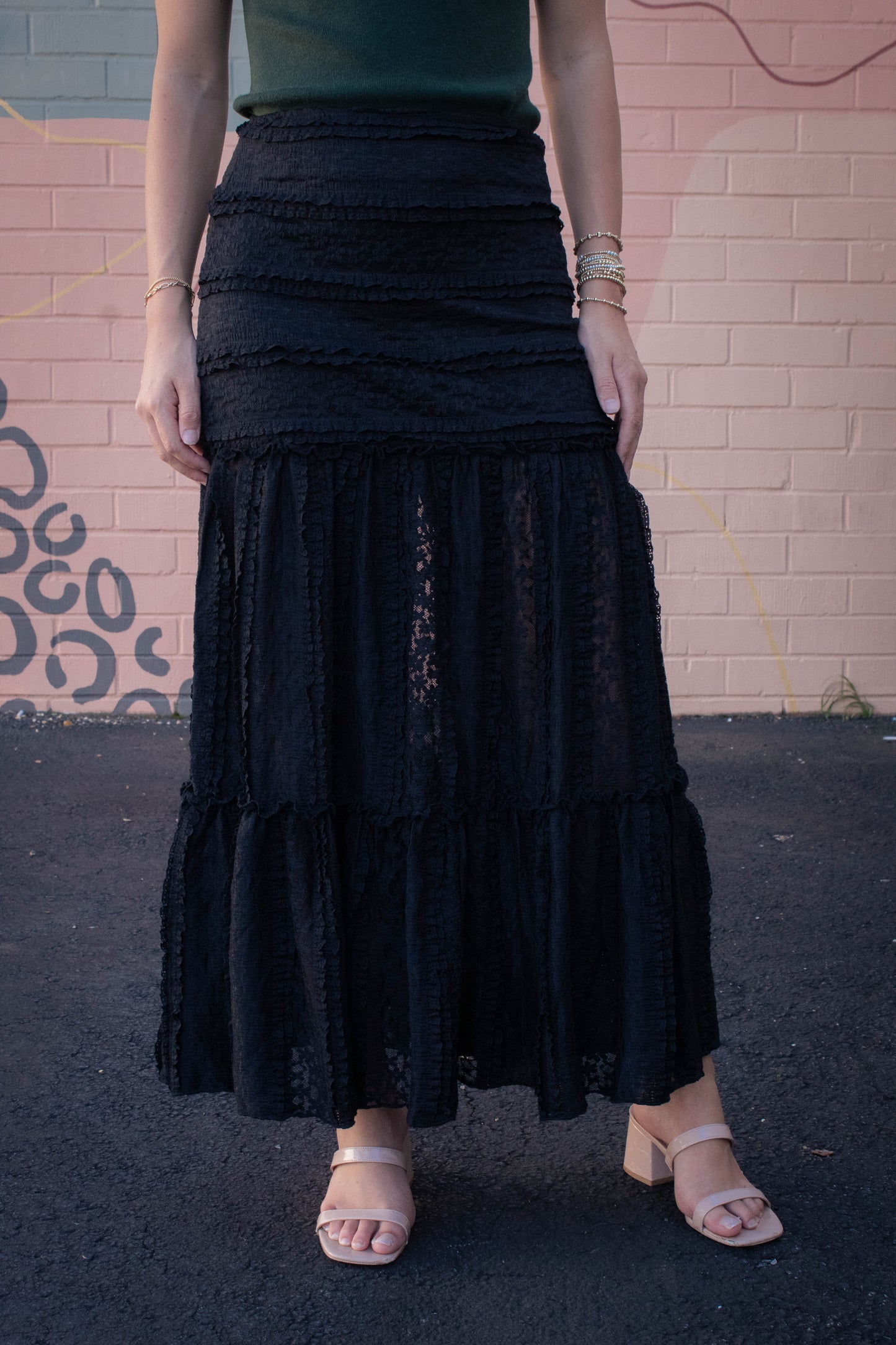  Olivia Lace Ruffle Detailed Maxi Skirt, Black
