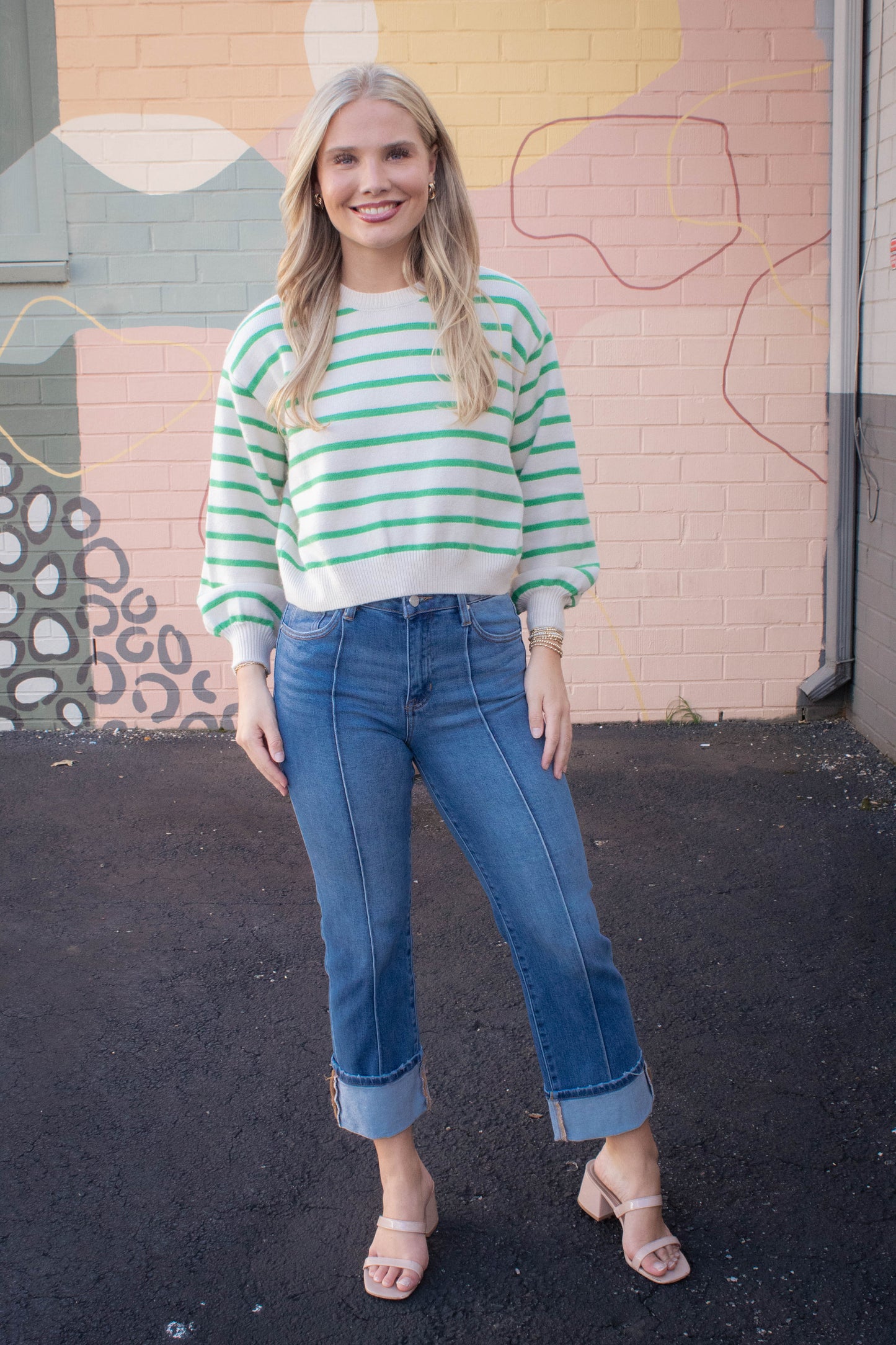  Emily Striped Button Back Sweater, Green