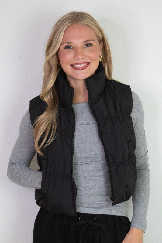  Martha Zip Up Cropped Puffer Vest, Black