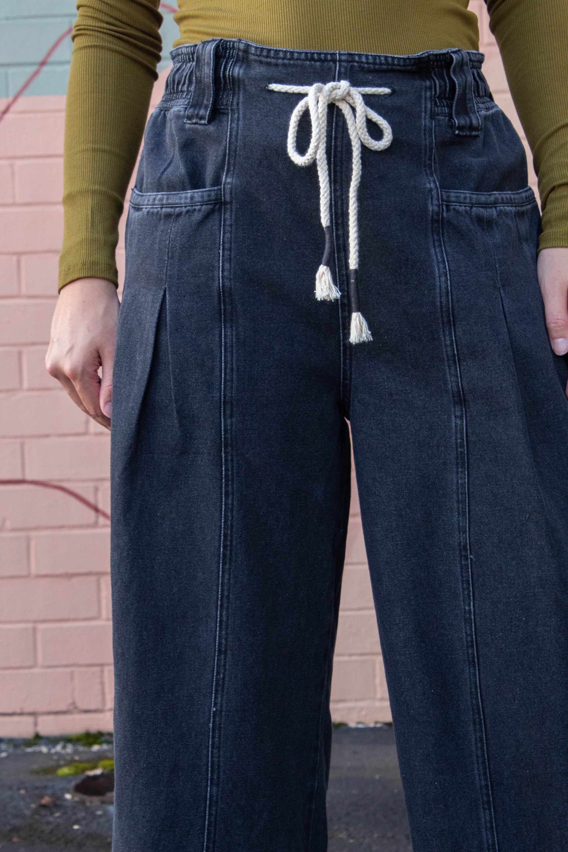  Raya Drawstring Barrel Leg Pants, Black Denim