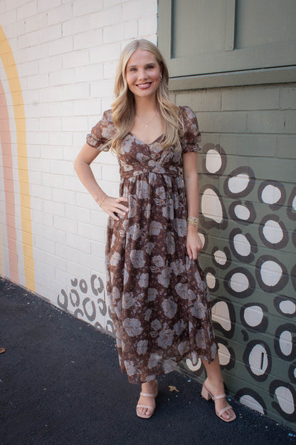  Joy Floral Sweetheart Midi Dress, Brown Multi