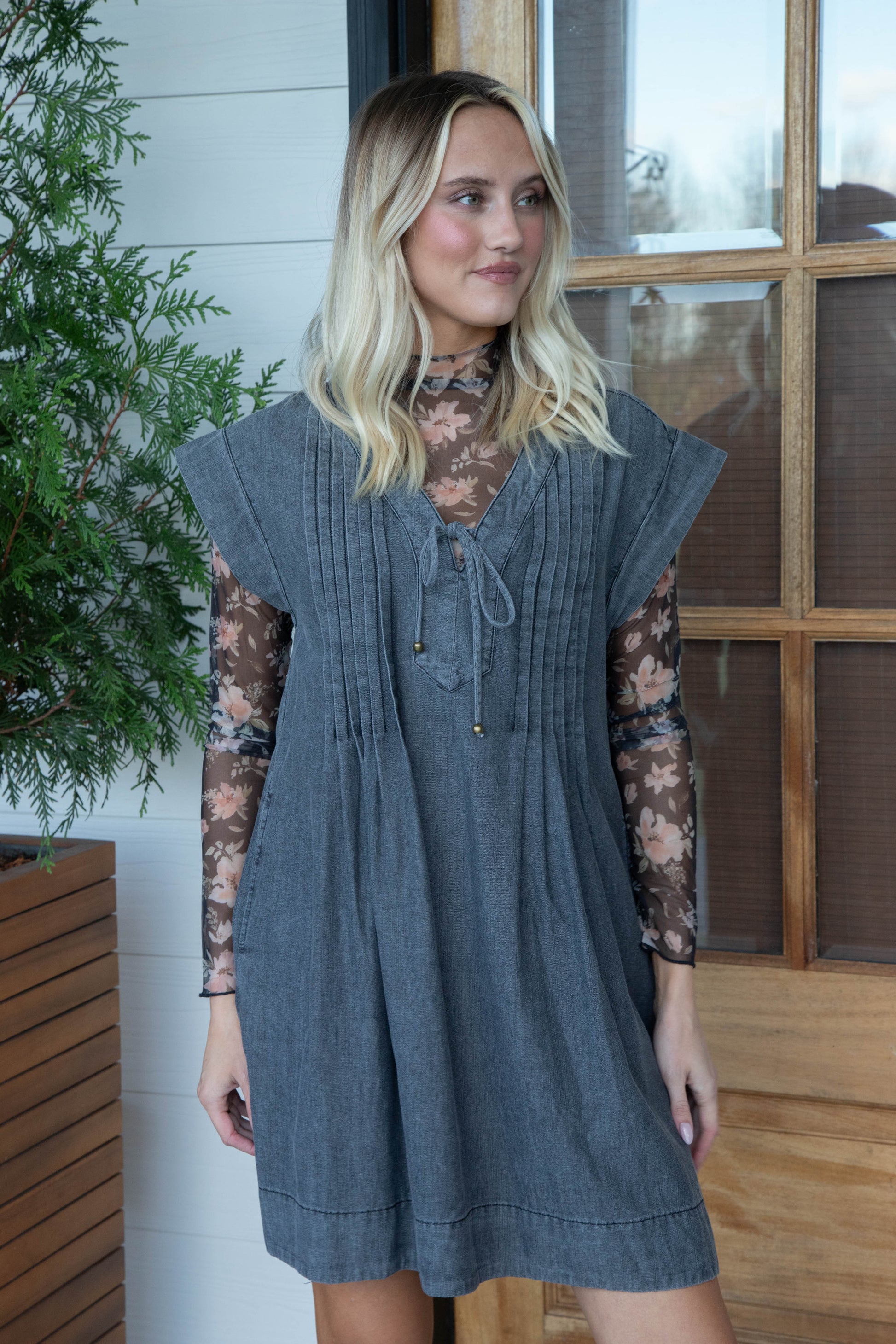  Dani Pintuck Tie Neck Dress, Denim Black