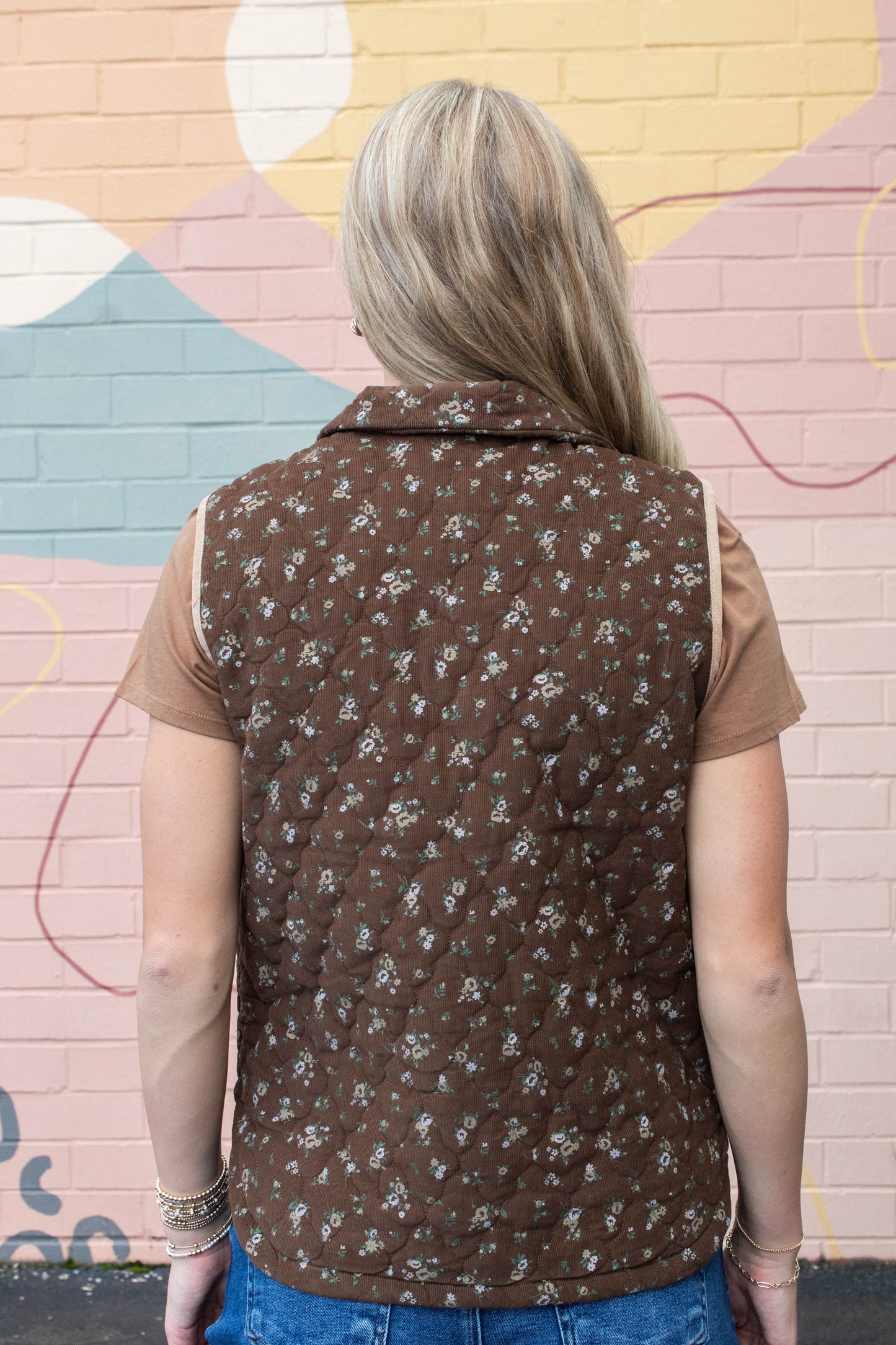  Lia Floral Quilted Puffer Vest, Brown Multi