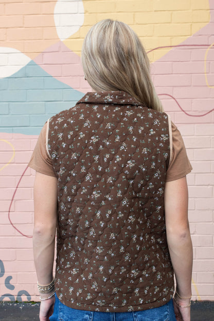  Lia Floral Quilted Puffer Vest, Brown Multi