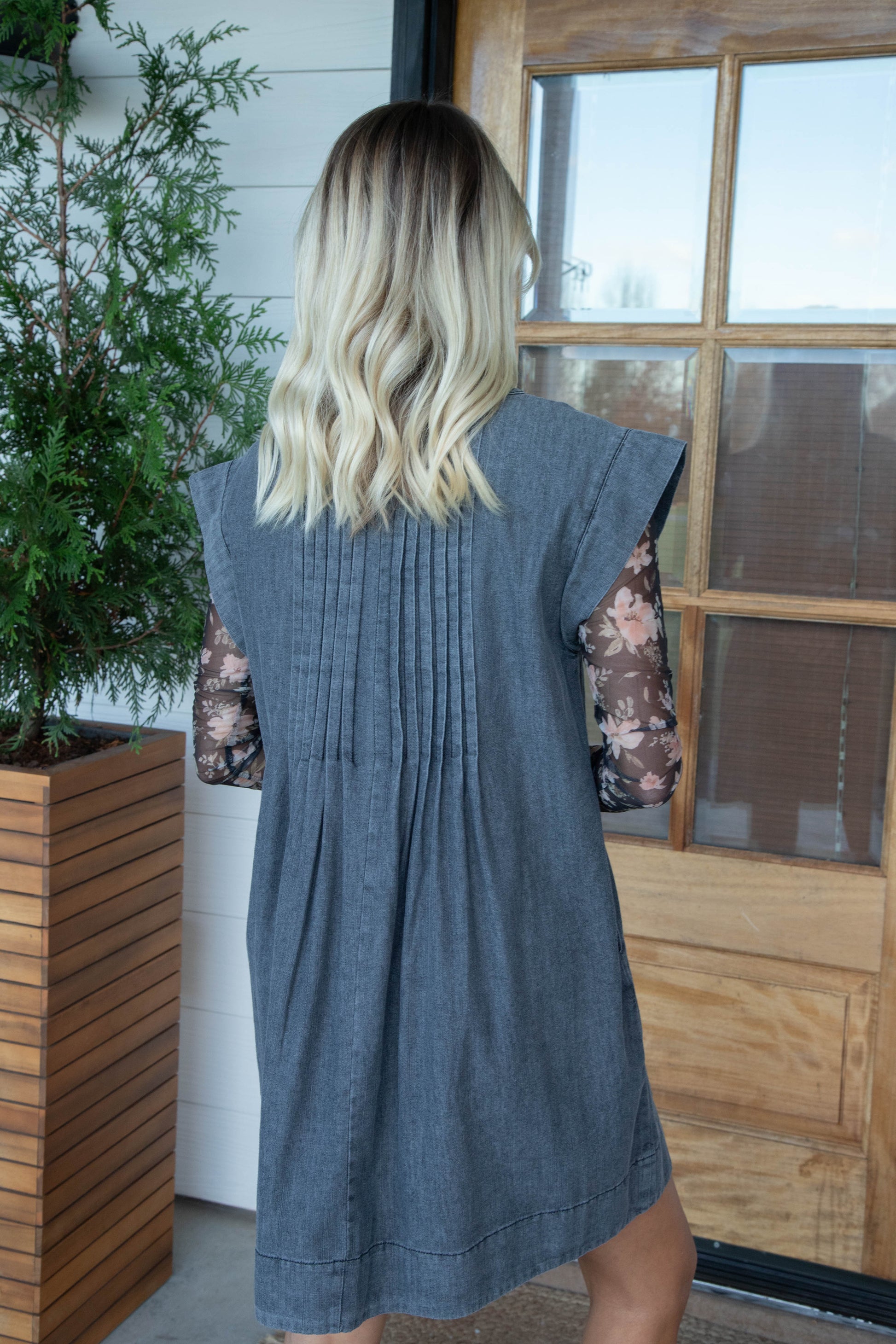  Dani Pintuck Tie Neck Dress, Denim Black