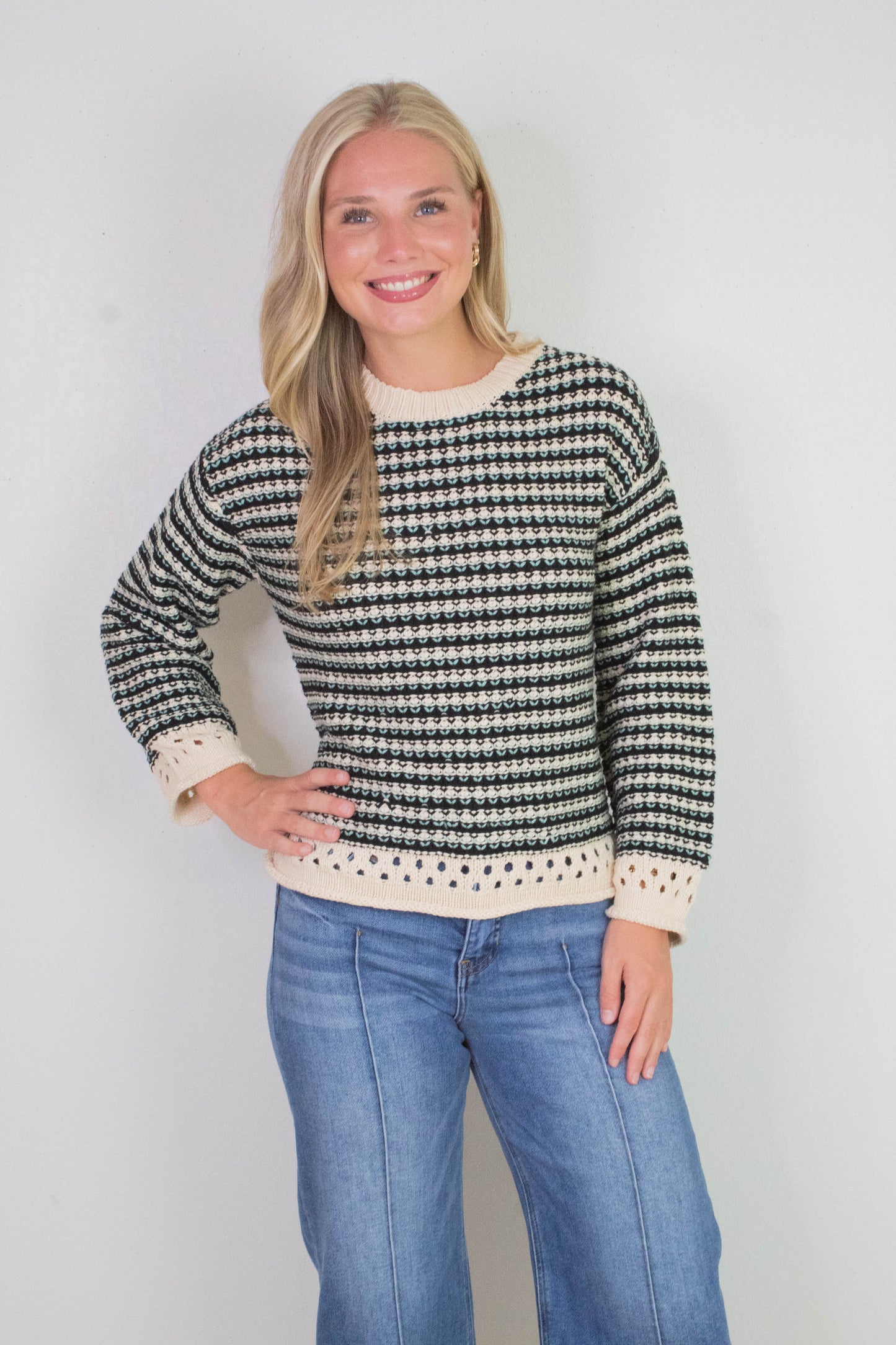  Samantha Contrast Trim Sweater, Black Multi | Sadie & Sage