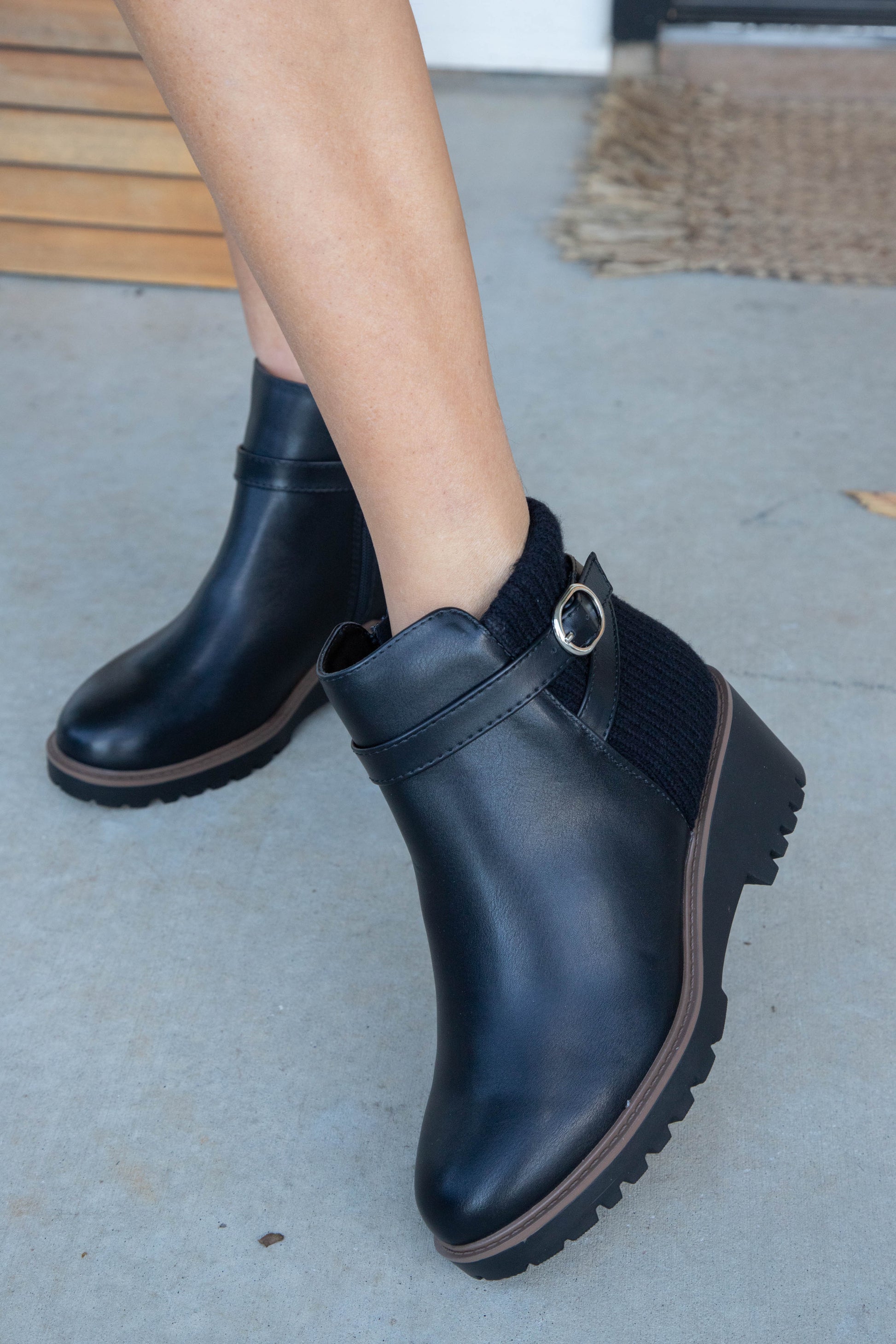  Aeson Knit Back Wedge Bootie, Black PU