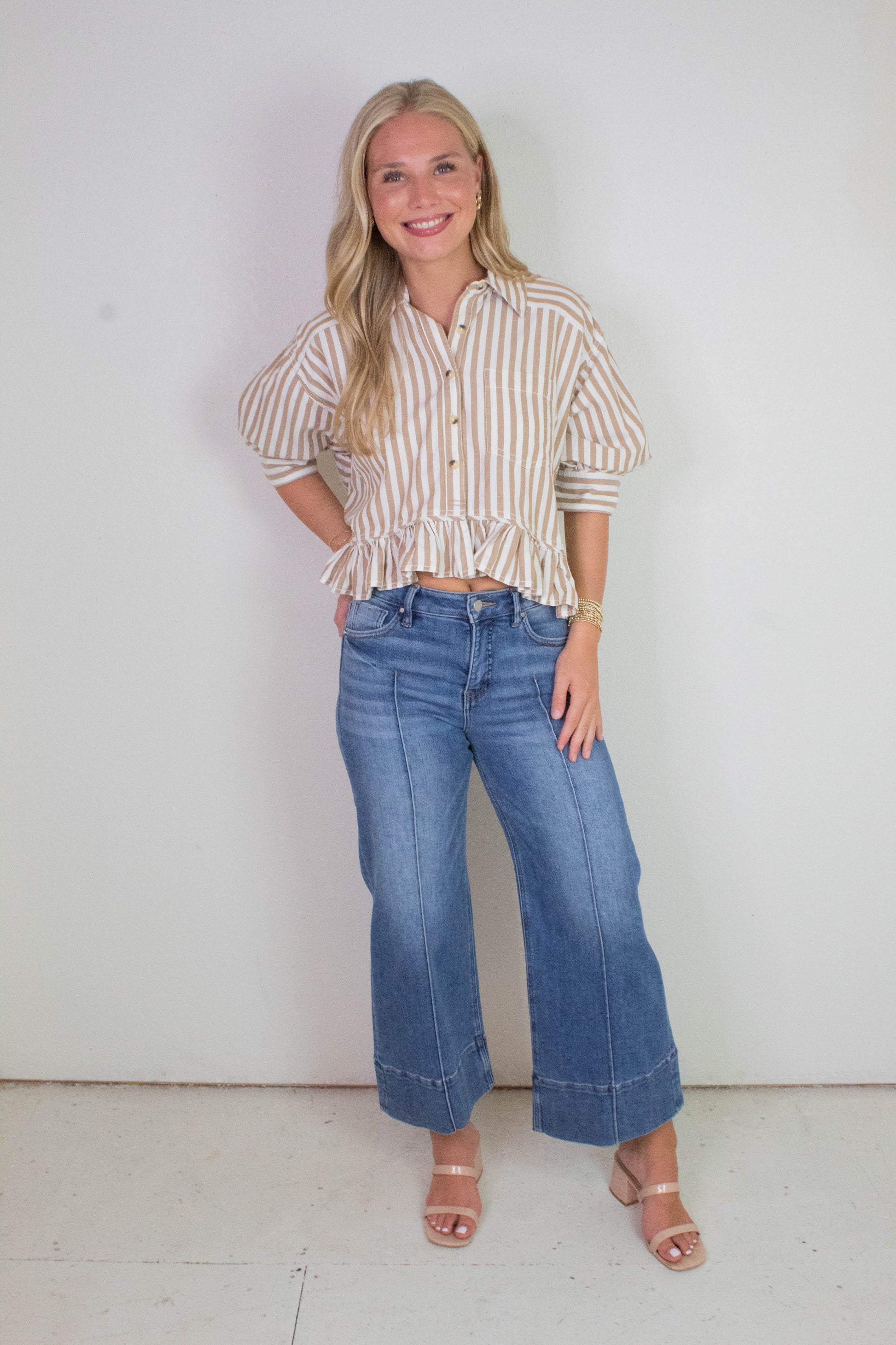  Bailey Stripe Ruffle Hem Shirt, Neutral Combo | Free People