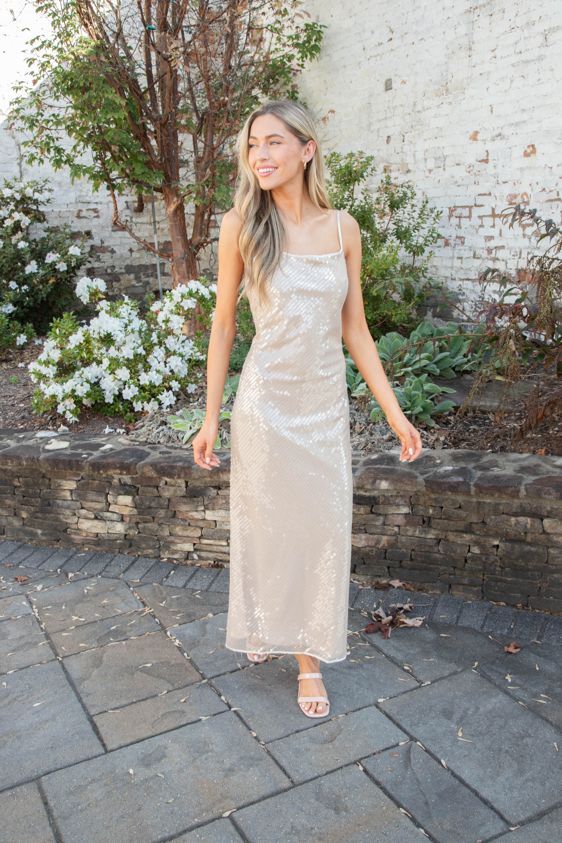  Marlena Sequin Slip Dress, Beige Sequins