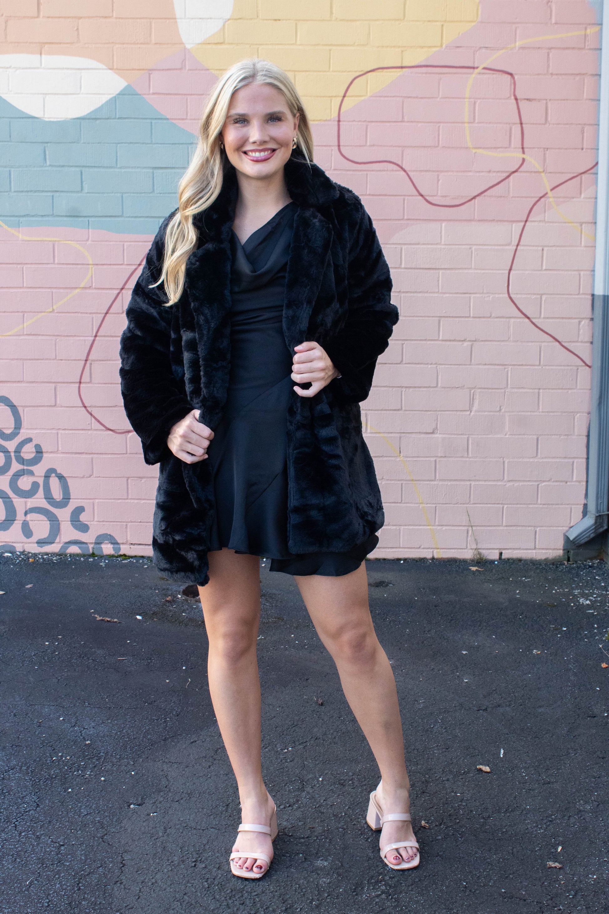  Ayla Faux Fur Collared Long Coat, Black