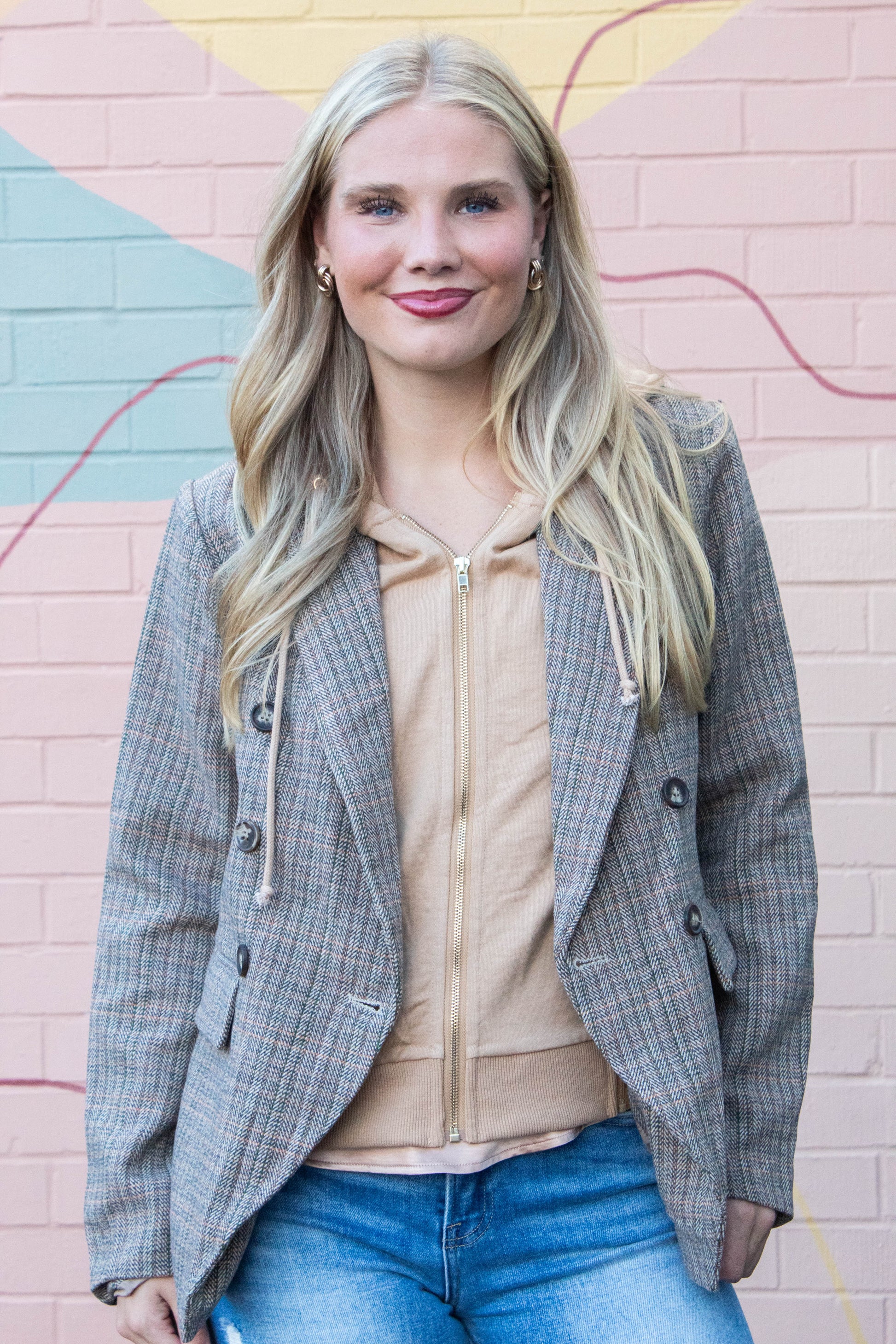  Jovie Herringbone Pattern Hooded Blazer, Tan Combo