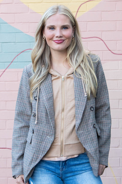  Jovie Herringbone Pattern Hooded Blazer, Tan Combo