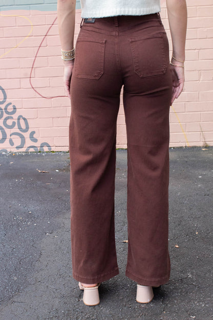  Leah Patch Pocket Wide Leg Jeans, Dark Brown