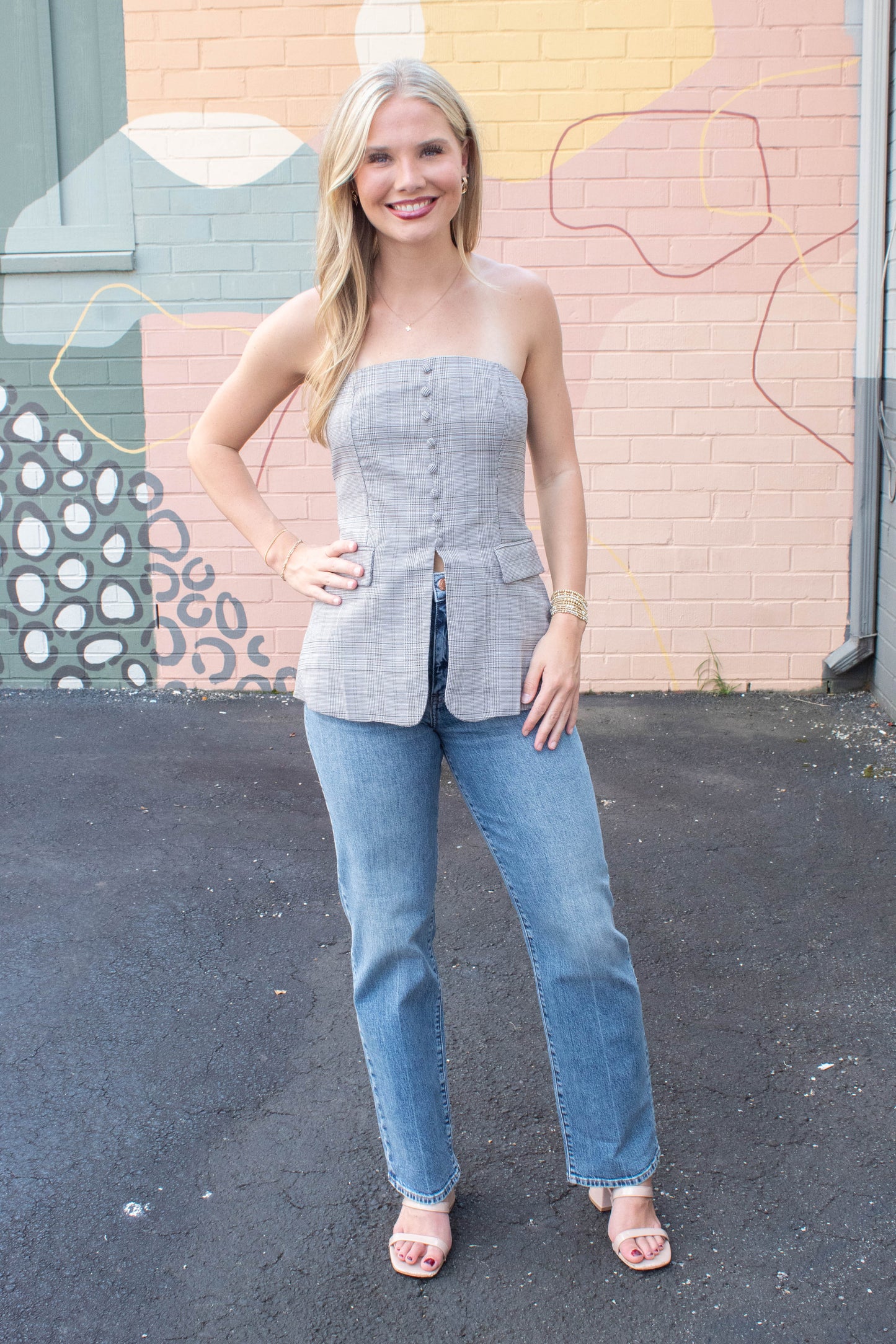  Juniper Plaid Strapless Button Detail Top, Light Taupe Multi