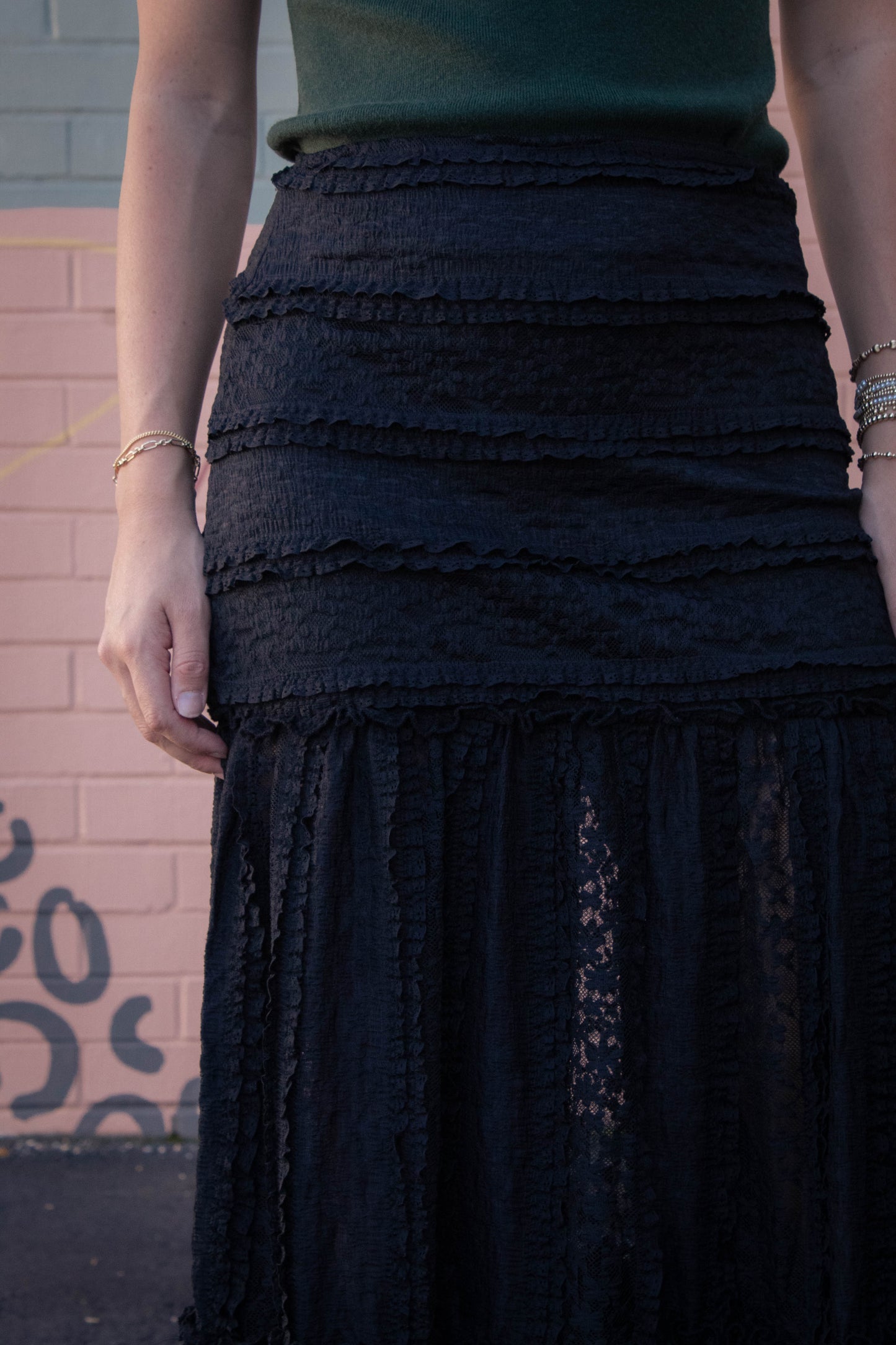  Olivia Lace Ruffle Detailed Maxi Skirt, Black