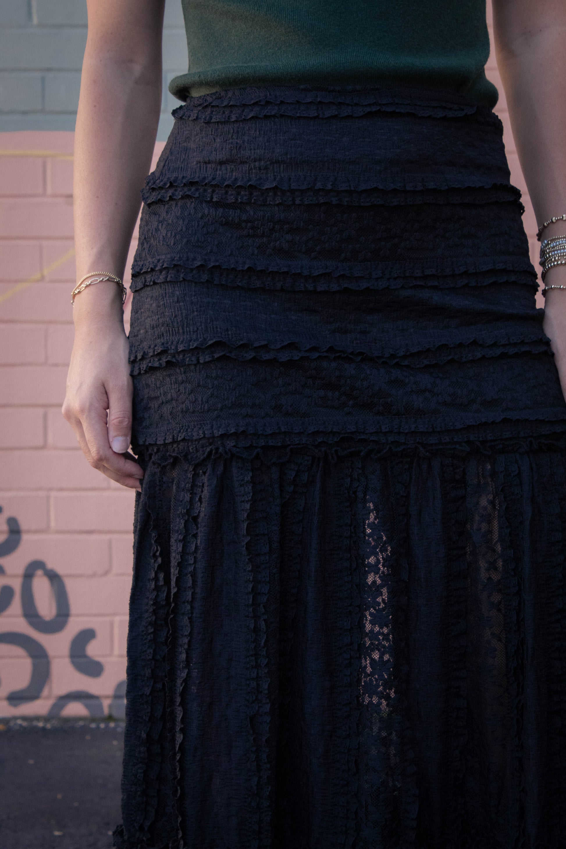  Olivia Lace Ruffle Detailed Maxi Skirt, Black