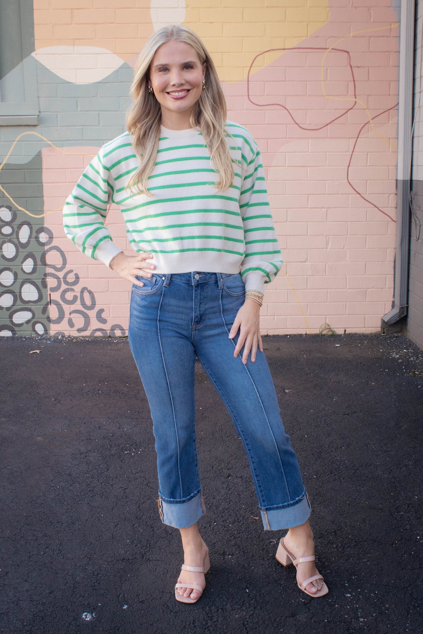  Emily Striped Button Back Sweater, Green