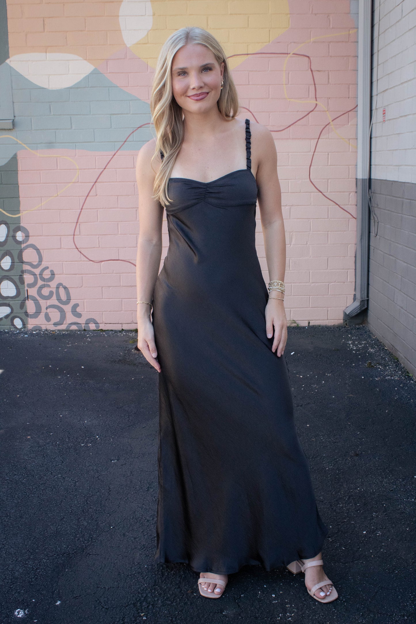  Lana Sweetheart Neck Satin Maxi Dress, Black