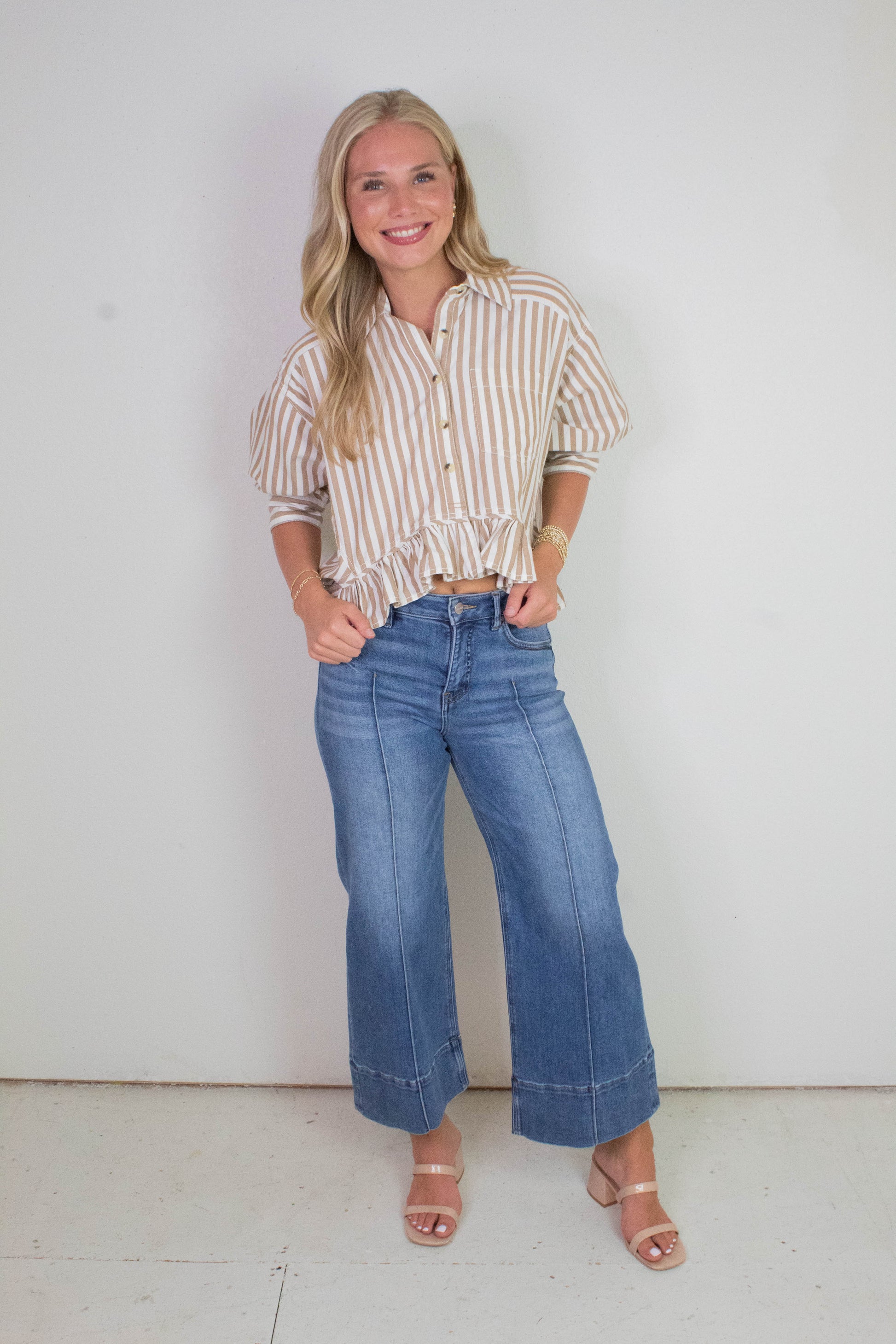  Bailey Stripe Ruffle Hem Shirt, Neutral Combo | Free People