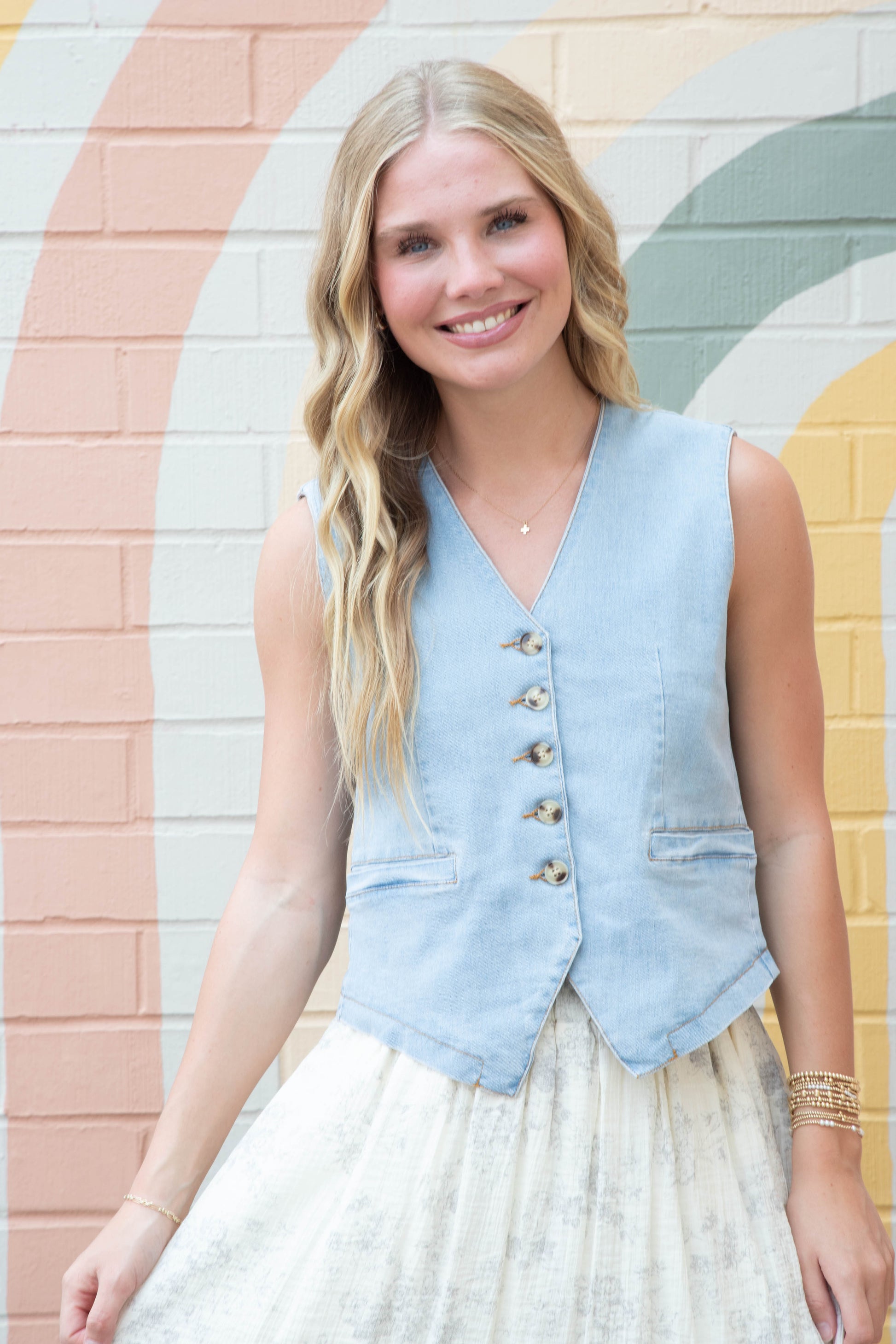  Elliana Denim Button Down Vest, Light Denim