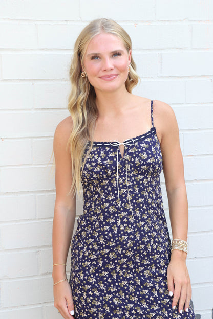  Angela Floral Lace Trim Midi Dress, Navy Multi
