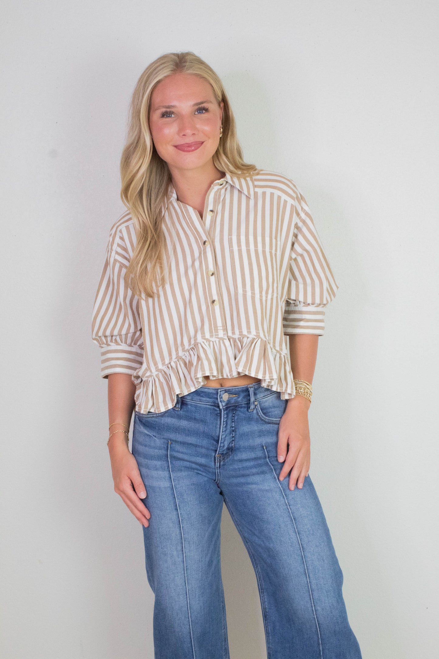  Bailey Stripe Ruffle Hem Shirt, Neutral Combo | Free People