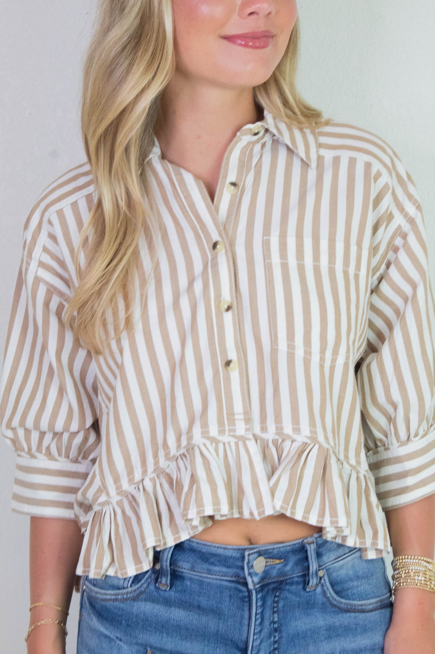  Bailey Stripe Ruffle Hem Shirt, Neutral Combo | Free People