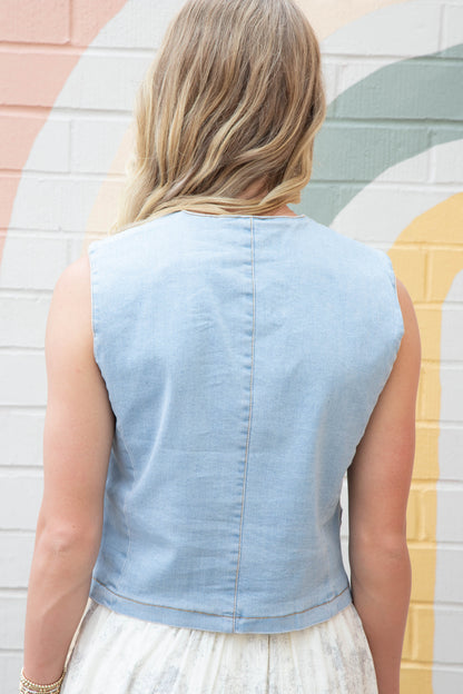  Elliana Denim Button Down Vest, Light Denim