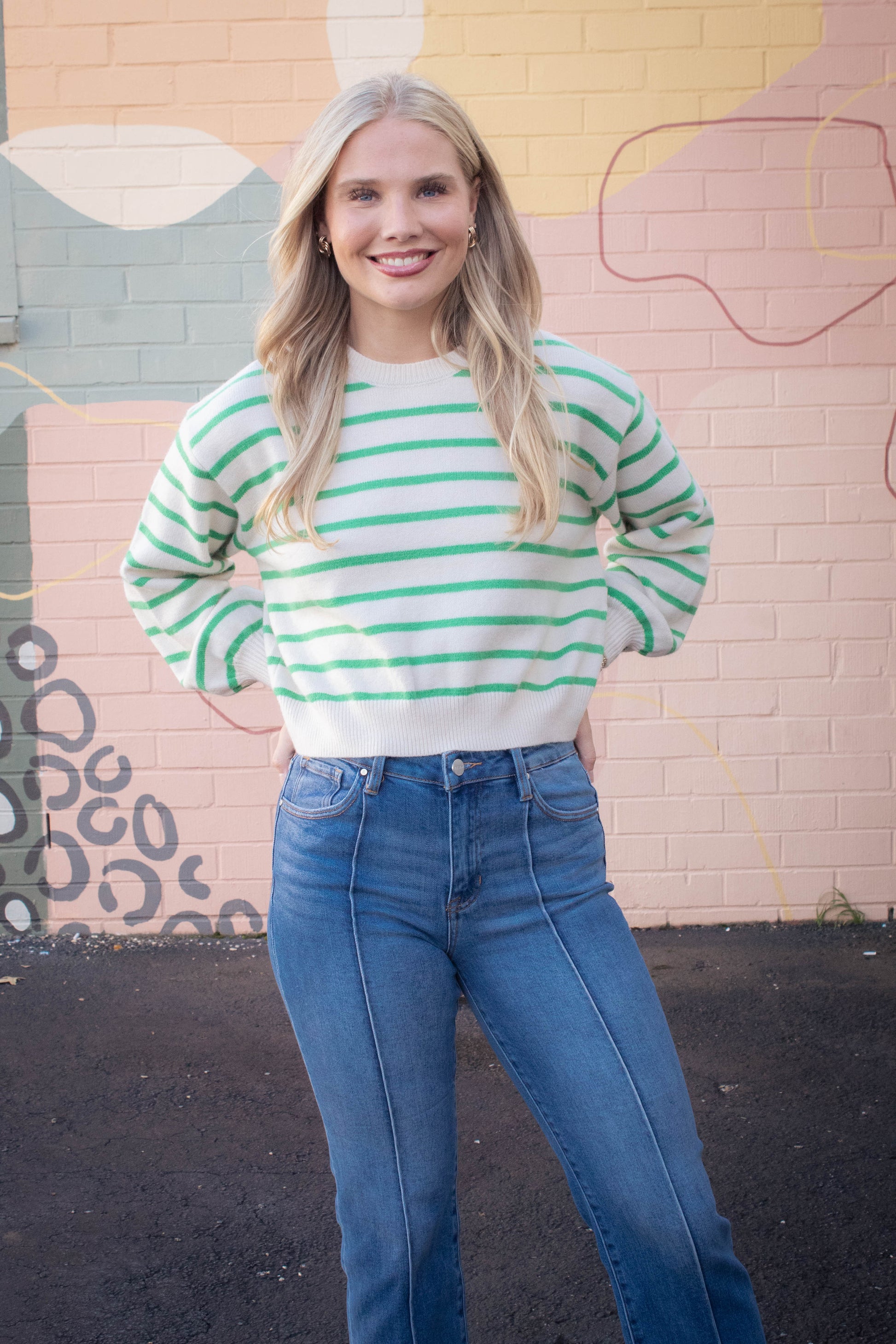  Emily Striped Button Back Sweater, Green