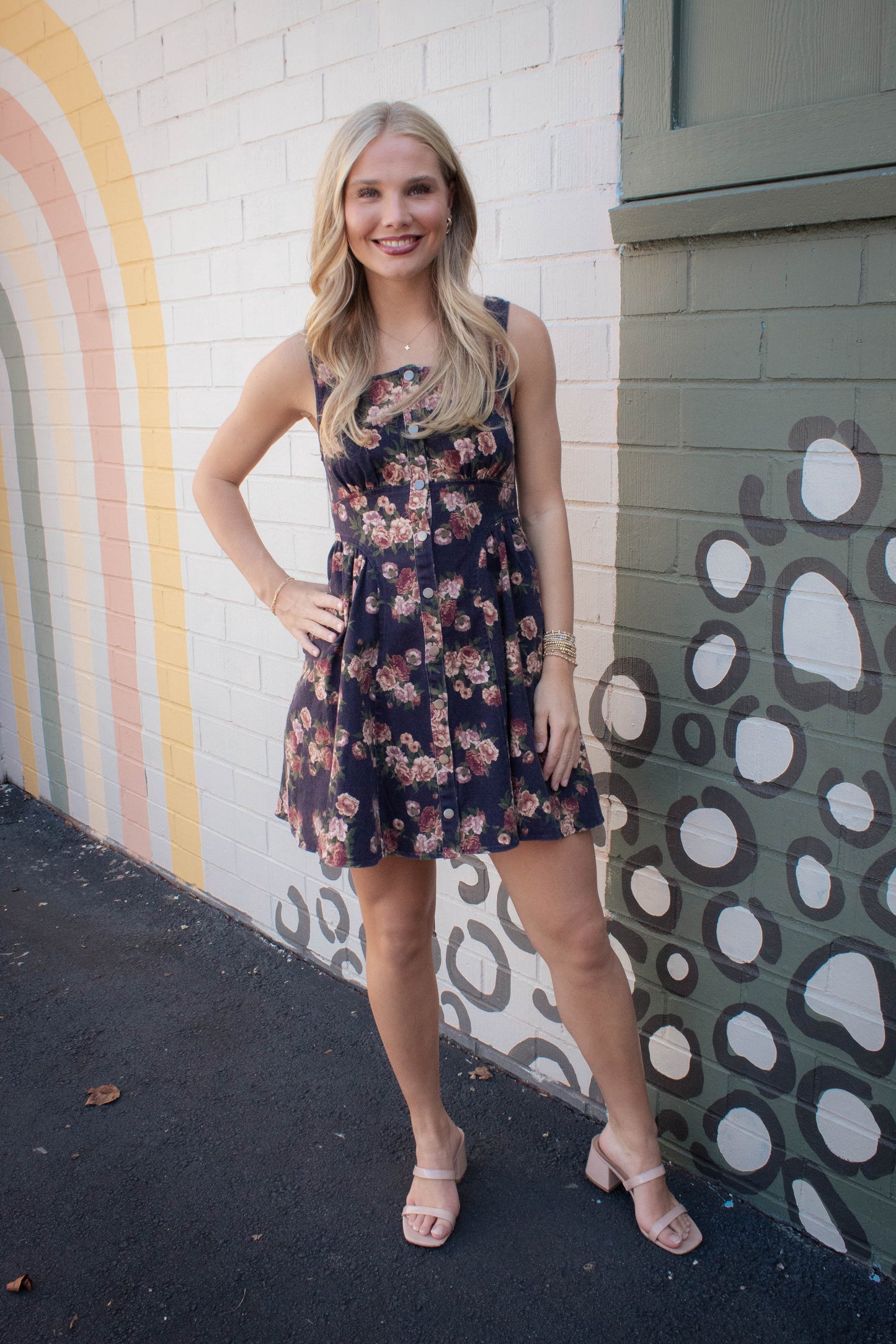  Opal Stone Washed Floral Denim Dress, Navy