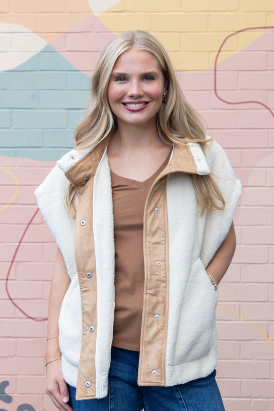  Jasmine Fleece Suede Contrast Vest, Ecru