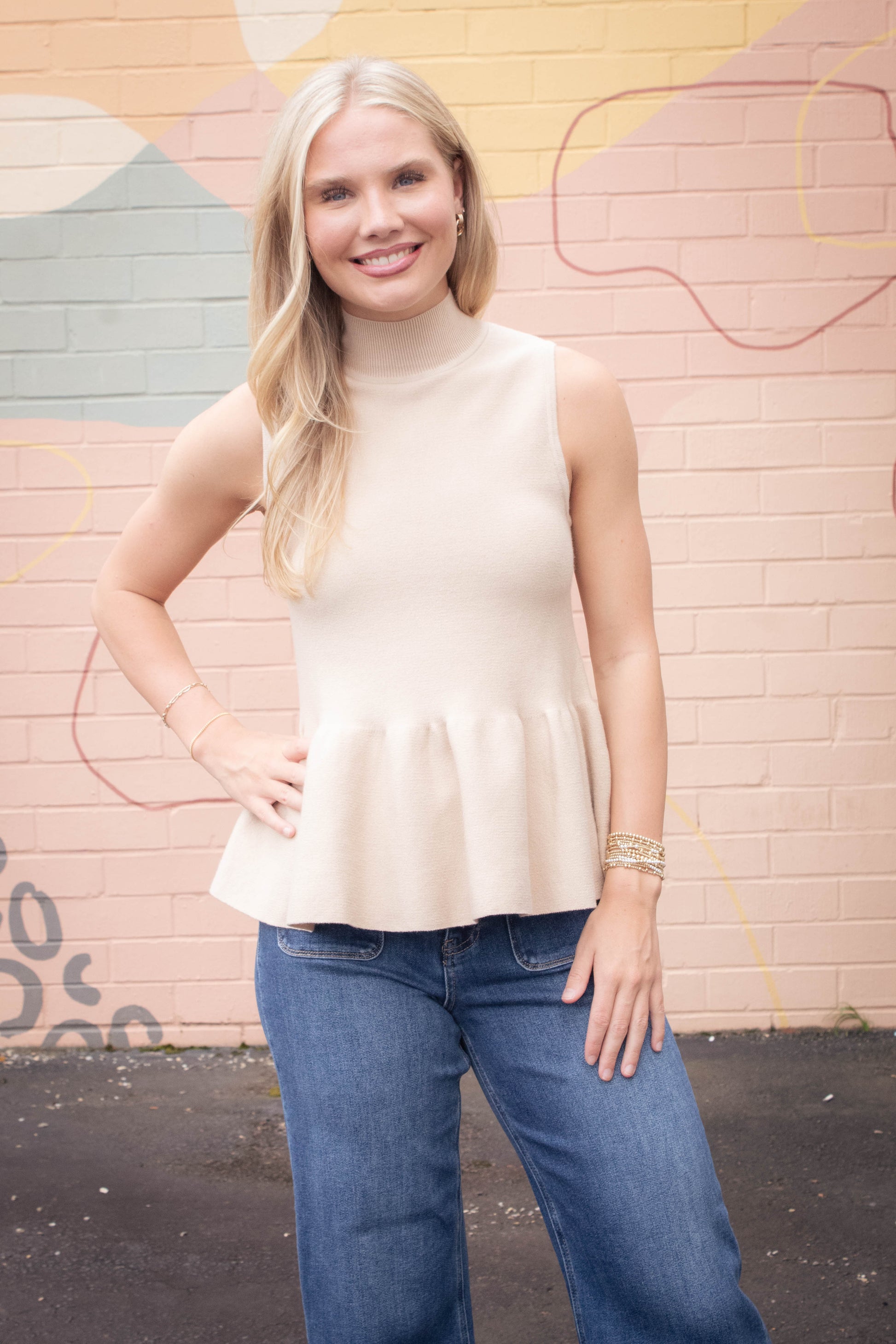  Emmaline Peplum Sweater Tank, Latte