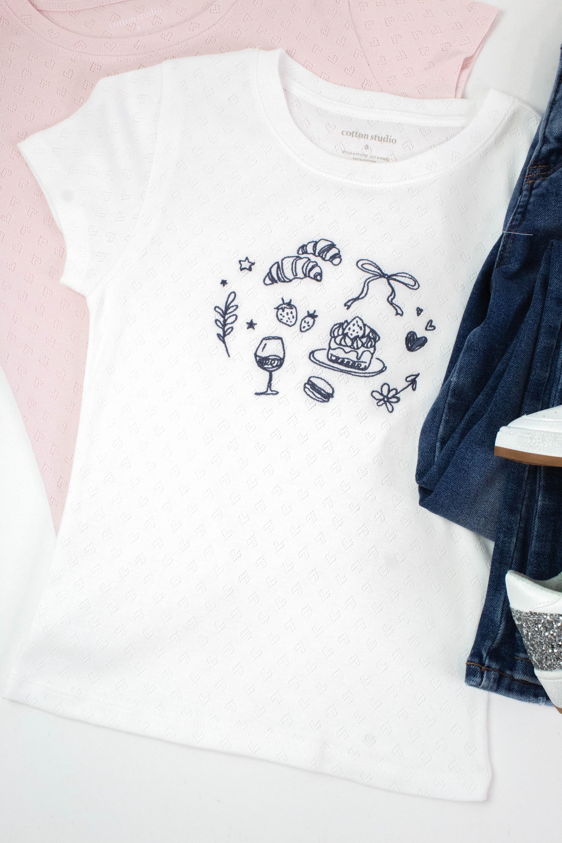  Girl Brunch Heart Pointelle Baby Tee, Off White