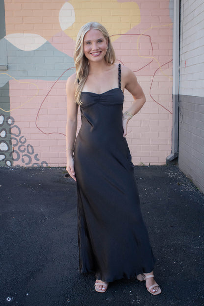  Lana Sweetheart Neck Satin Maxi Dress, Black