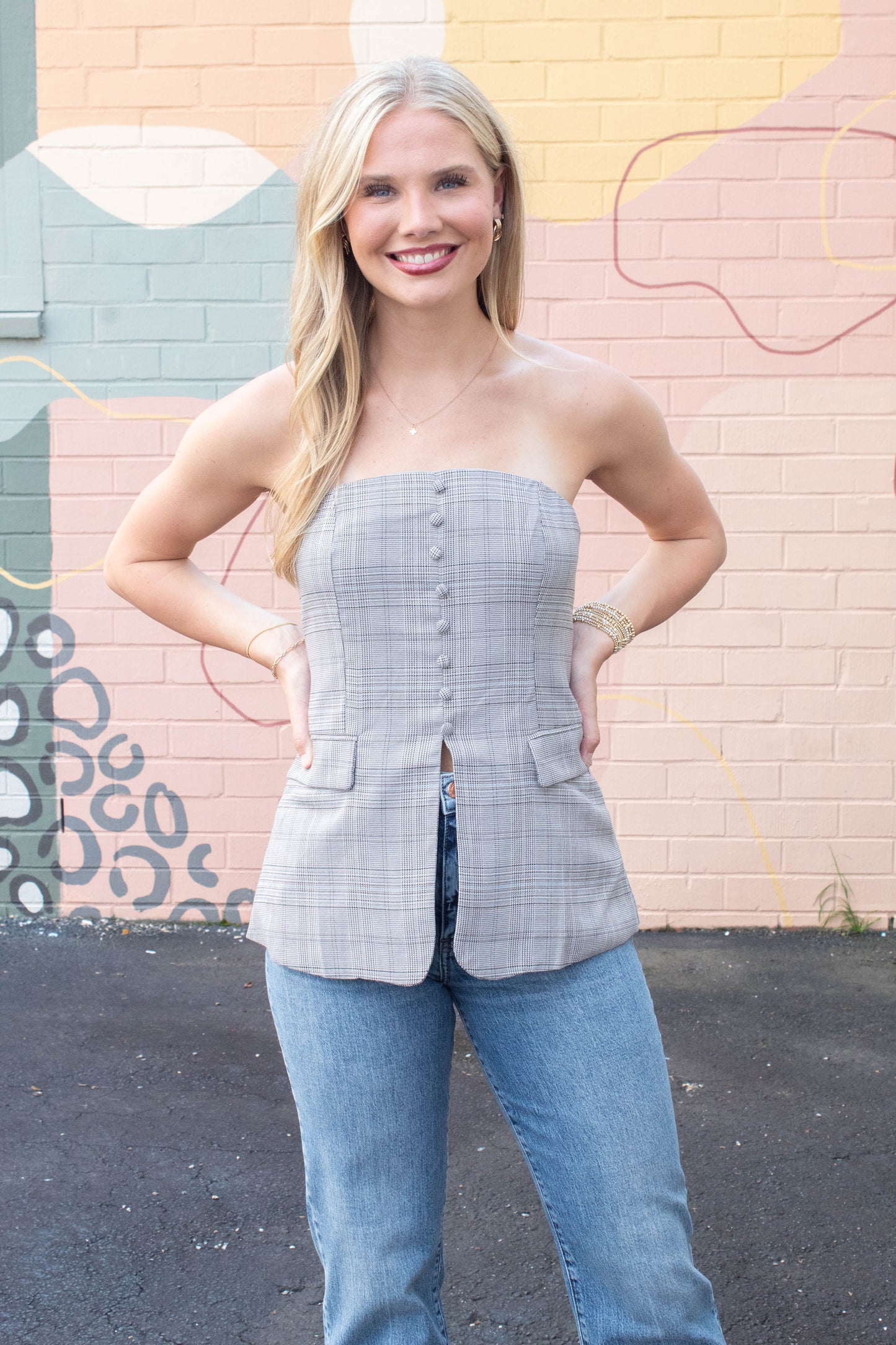  Juniper Plaid Strapless Button Detail Top, Light Taupe Multi