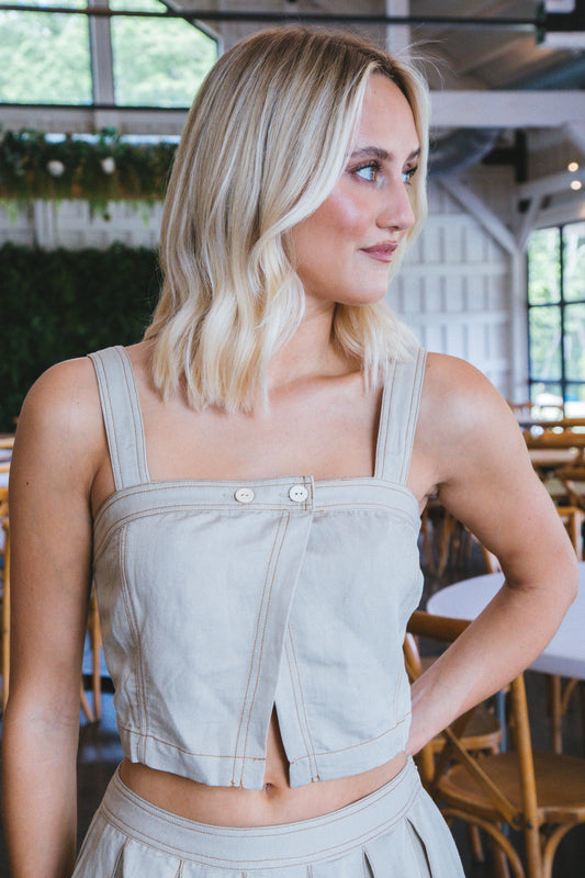  Brielle Linen Button Crop Top, Khaki