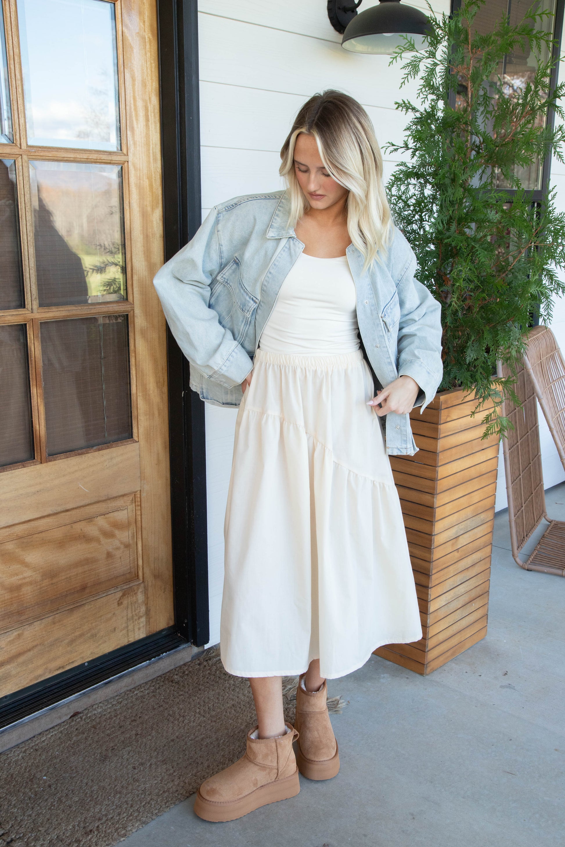  Emory Poplin Midi Skirt, Natural