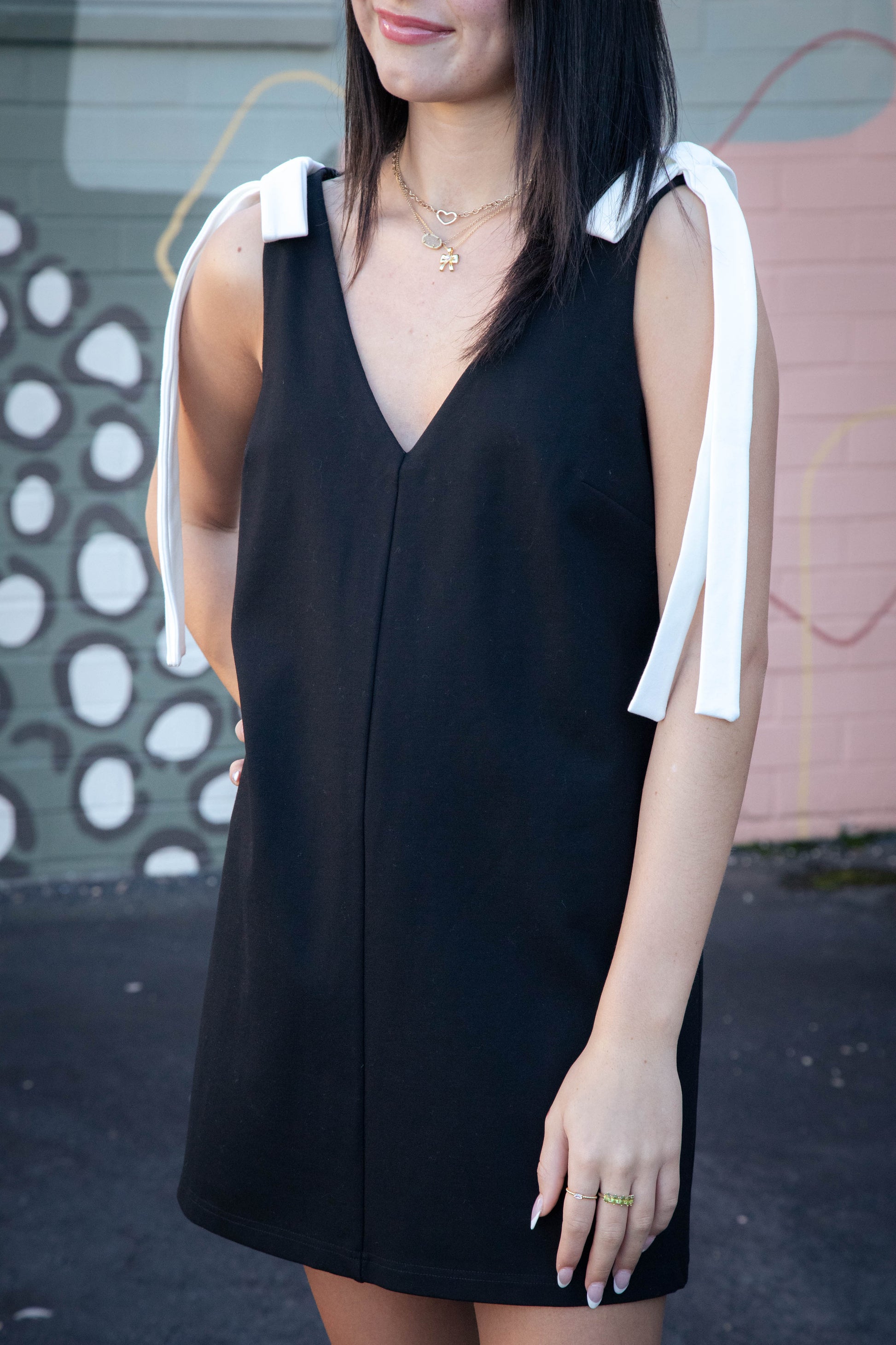 LENA Gracen Contrast Shoulder Bow Dress, Black/White
