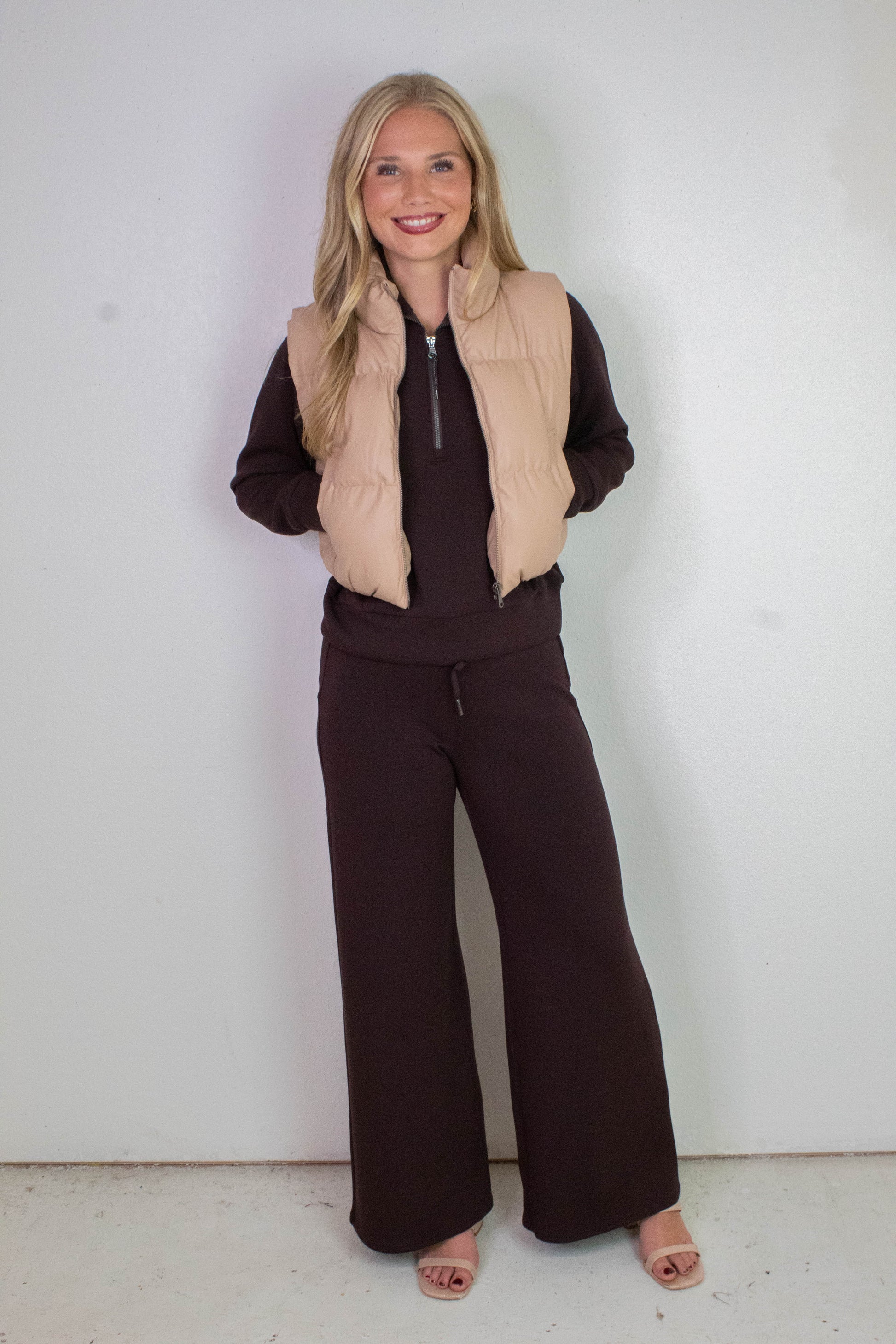  Sofia Cropped Puff Vest, Dark Taupe